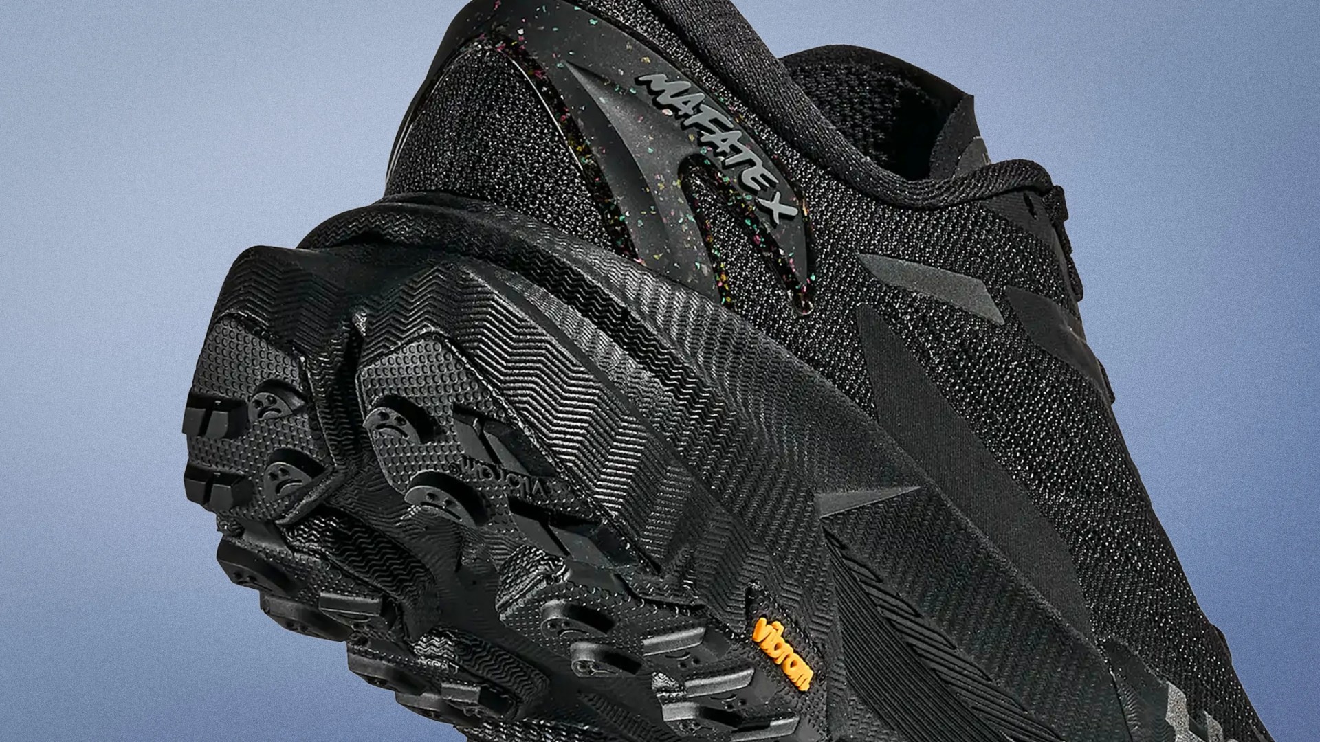 Black athletic shoe with textured sole, Vibram logo, and "MAFATEX" branding on the side.