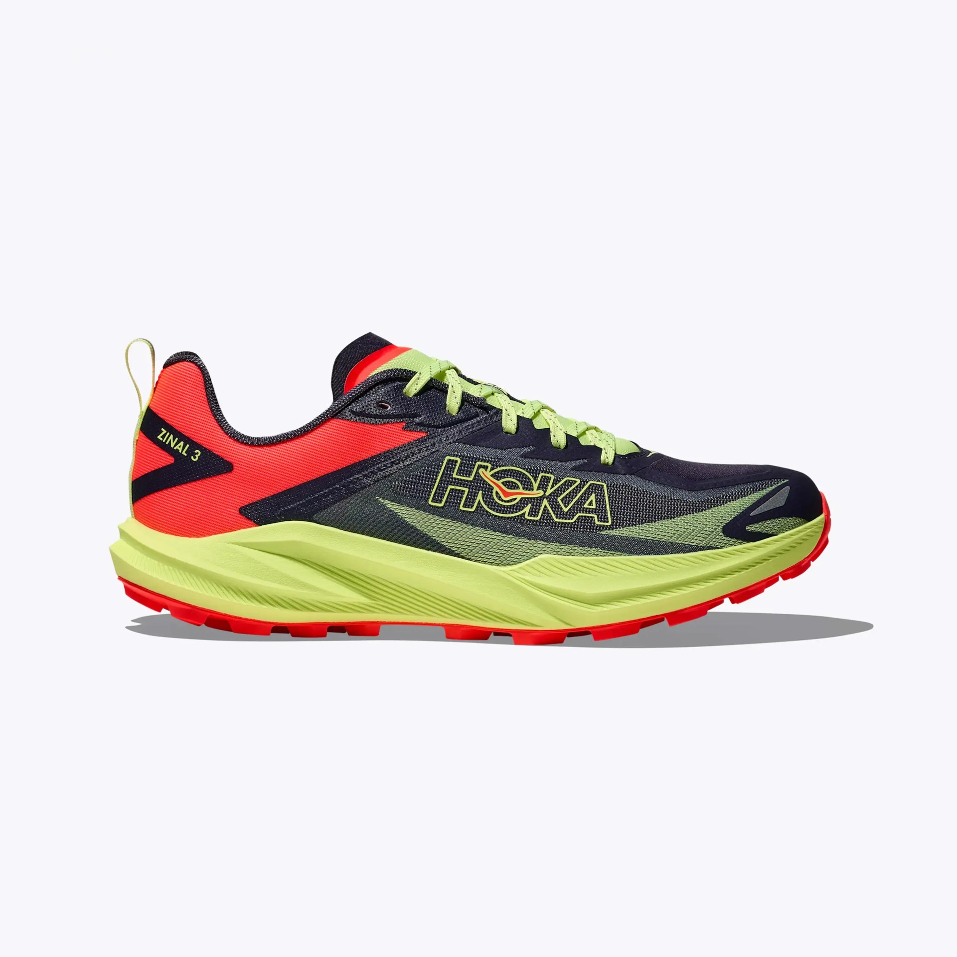 Black, red, and neon green Hoka Zinal 3 trail running shoe with thick sole and lime green laces.