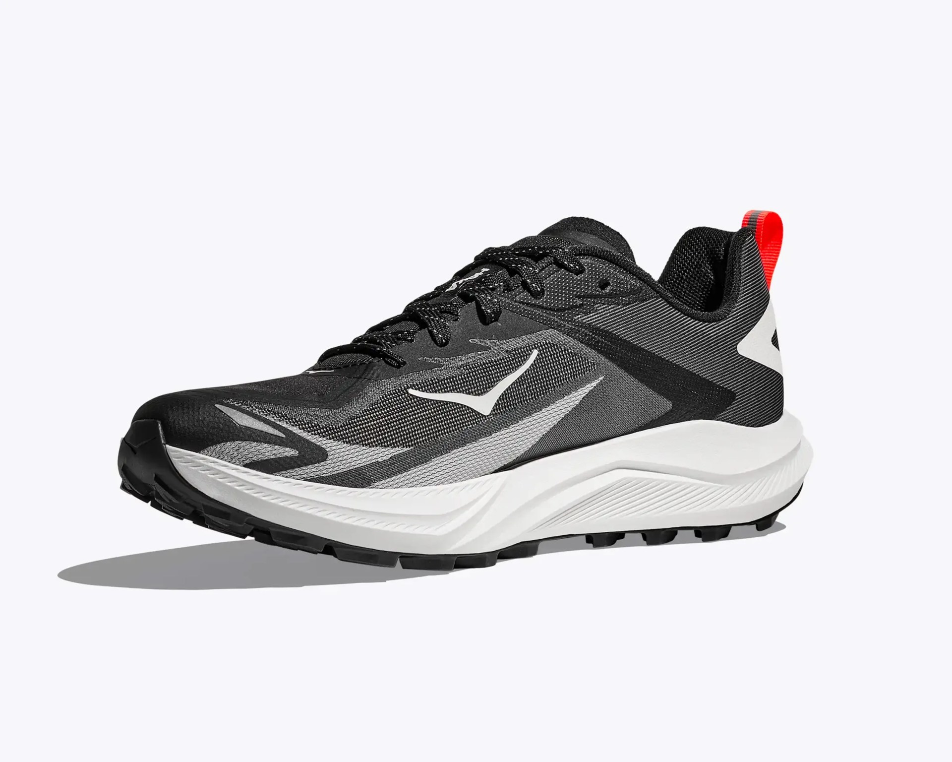 Black and gray running shoe with white sole and red pull tab on the heel.