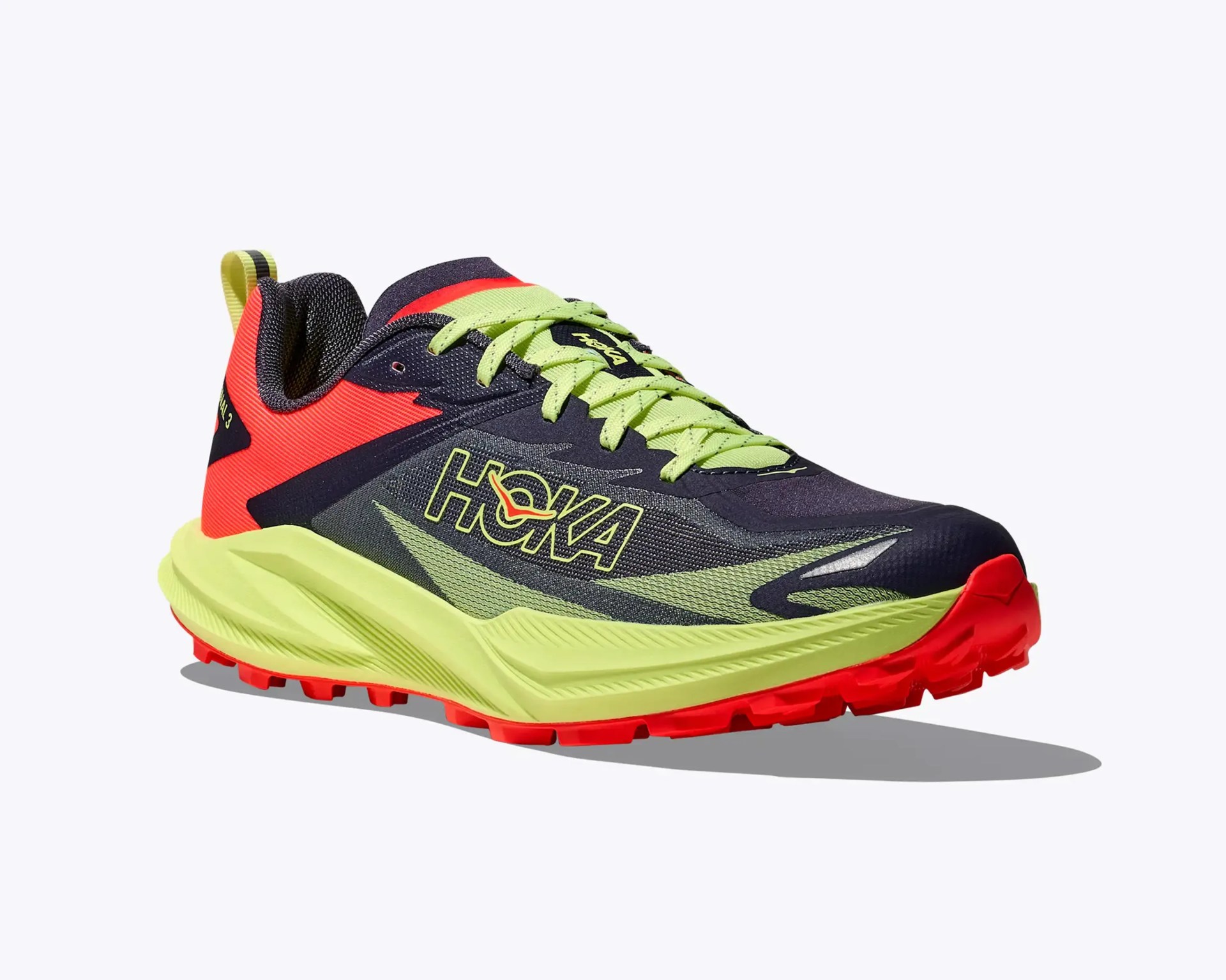 Black, neon green, and red Hoka trail running shoe with thick sole and textured outsole.
