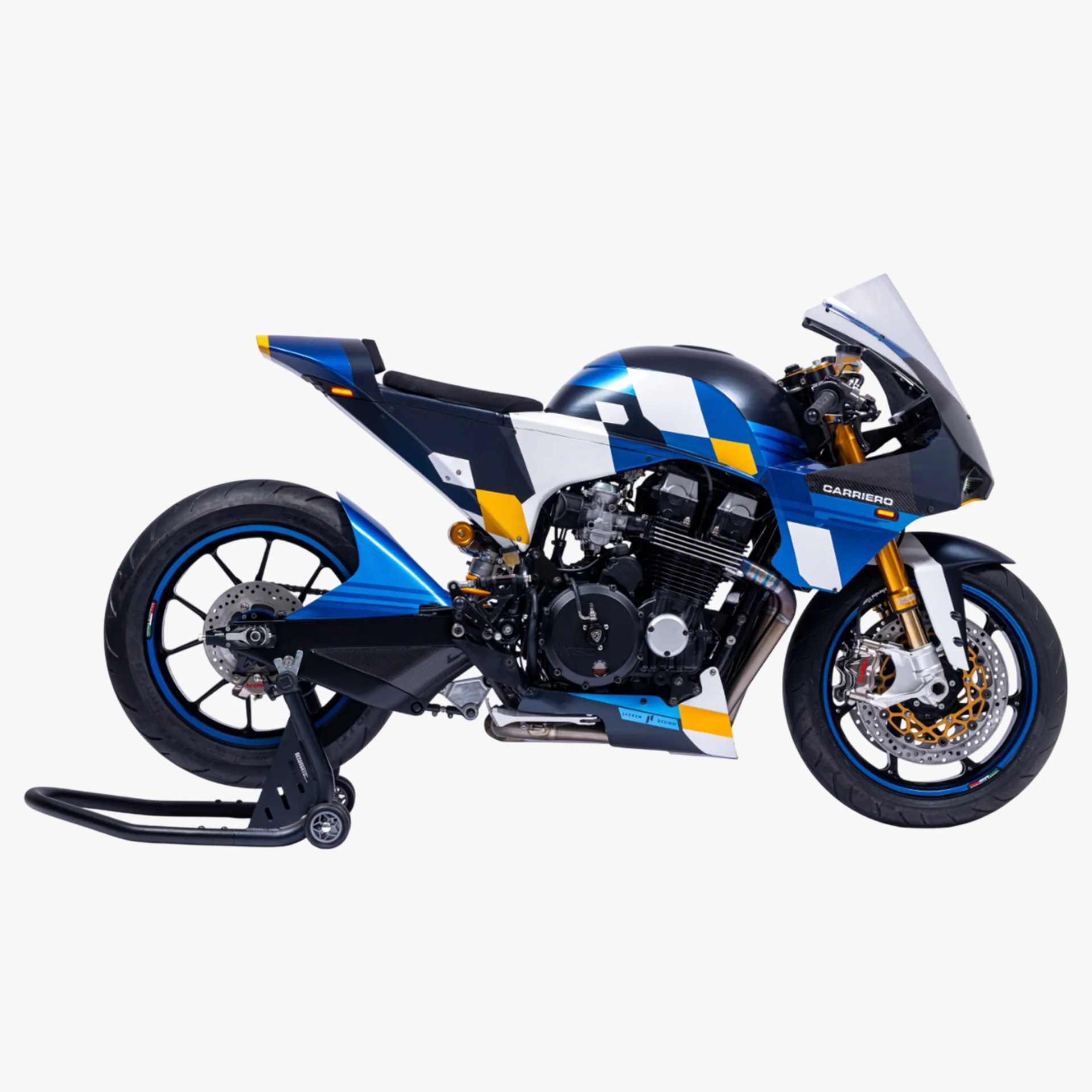 Blue, white, and yellow sport motorcycle with black engine and gold front forks on a rear stand.