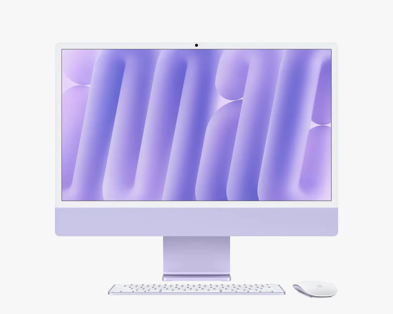 Lavender-colored all-in-one desktop computer with matching stand, white keyboard, and white mouse on a white background.