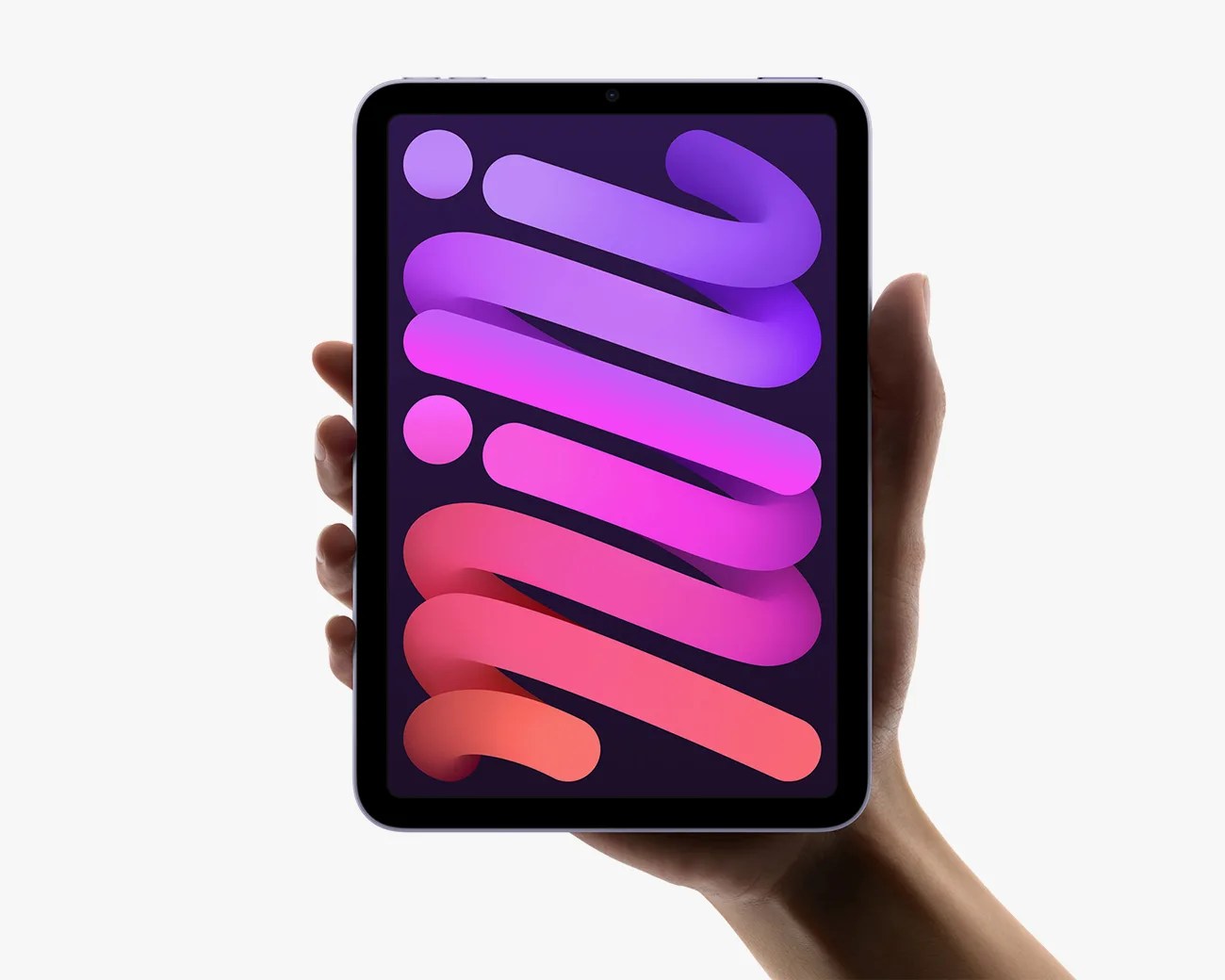 Hand holding a small tablet with a colorful purple, pink, and orange abstract design on the screen.