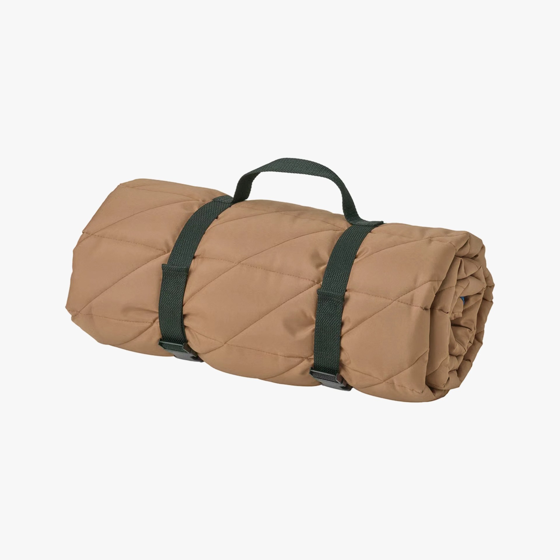 Rolled-up tan quilted blanket secured with dark green straps and a handle.