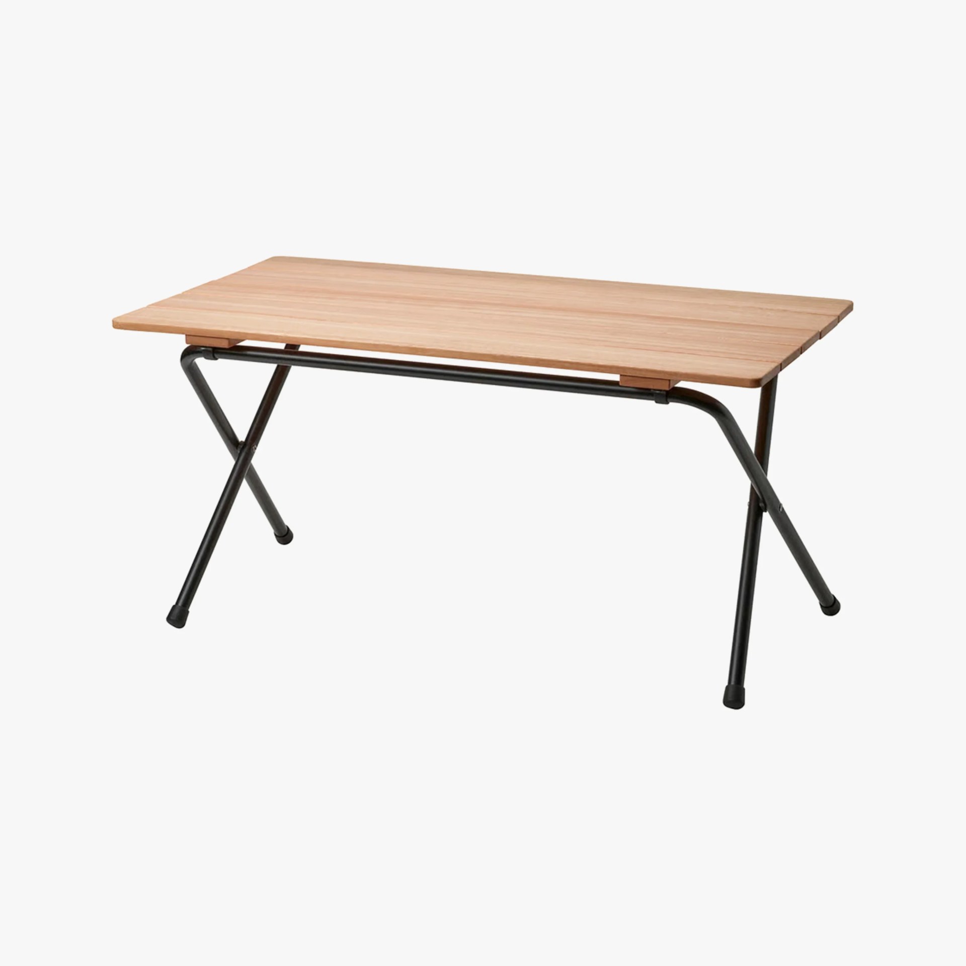 Rectangular wooden table with light wood top and black metal folding legs.