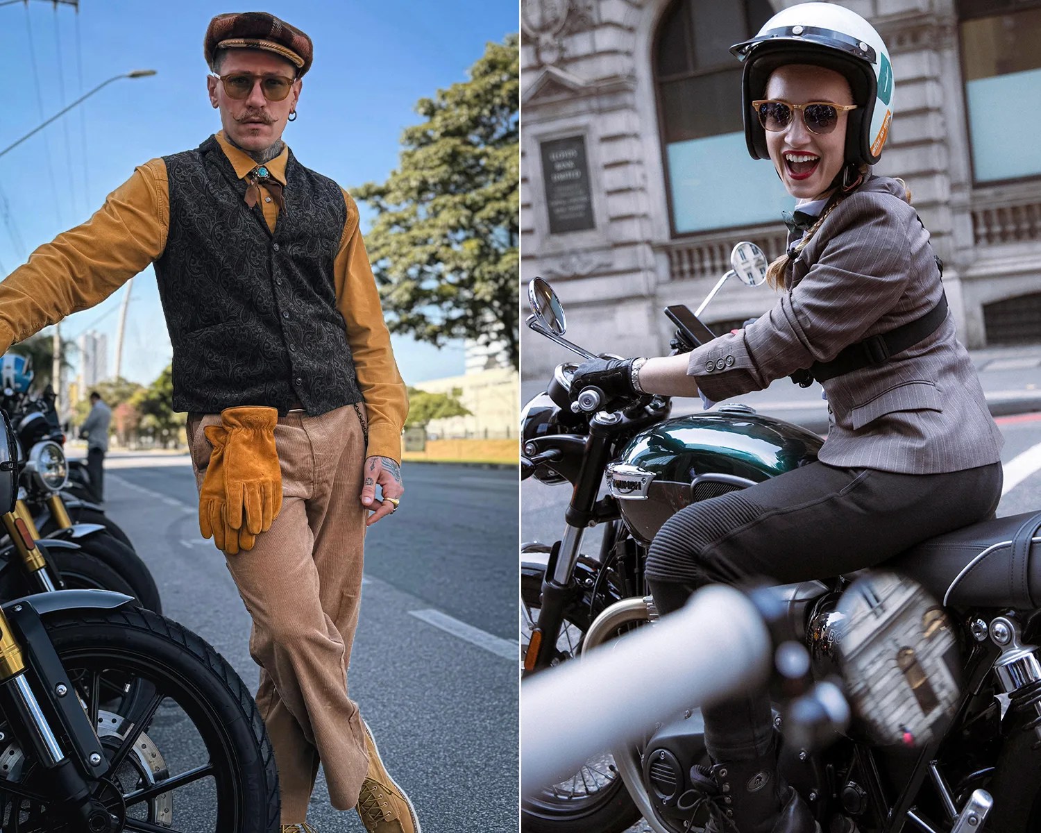 Left: Man wearing a brown flat cap, mustard shirt, black patterned vest, tan corduroy pants, and holding brown gloves standing next to a motorcycle. Right: Woman wearing a white helmet, sunglasses, gray pinstripe blazer, and black pants sitting on a green motorcycle smiling.