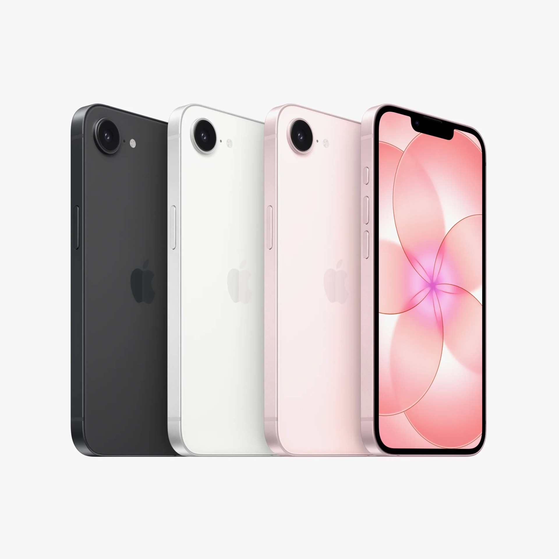Four iPhones in black, white, pink, and pink with screen showing pink abstract flower design, arranged side by side.