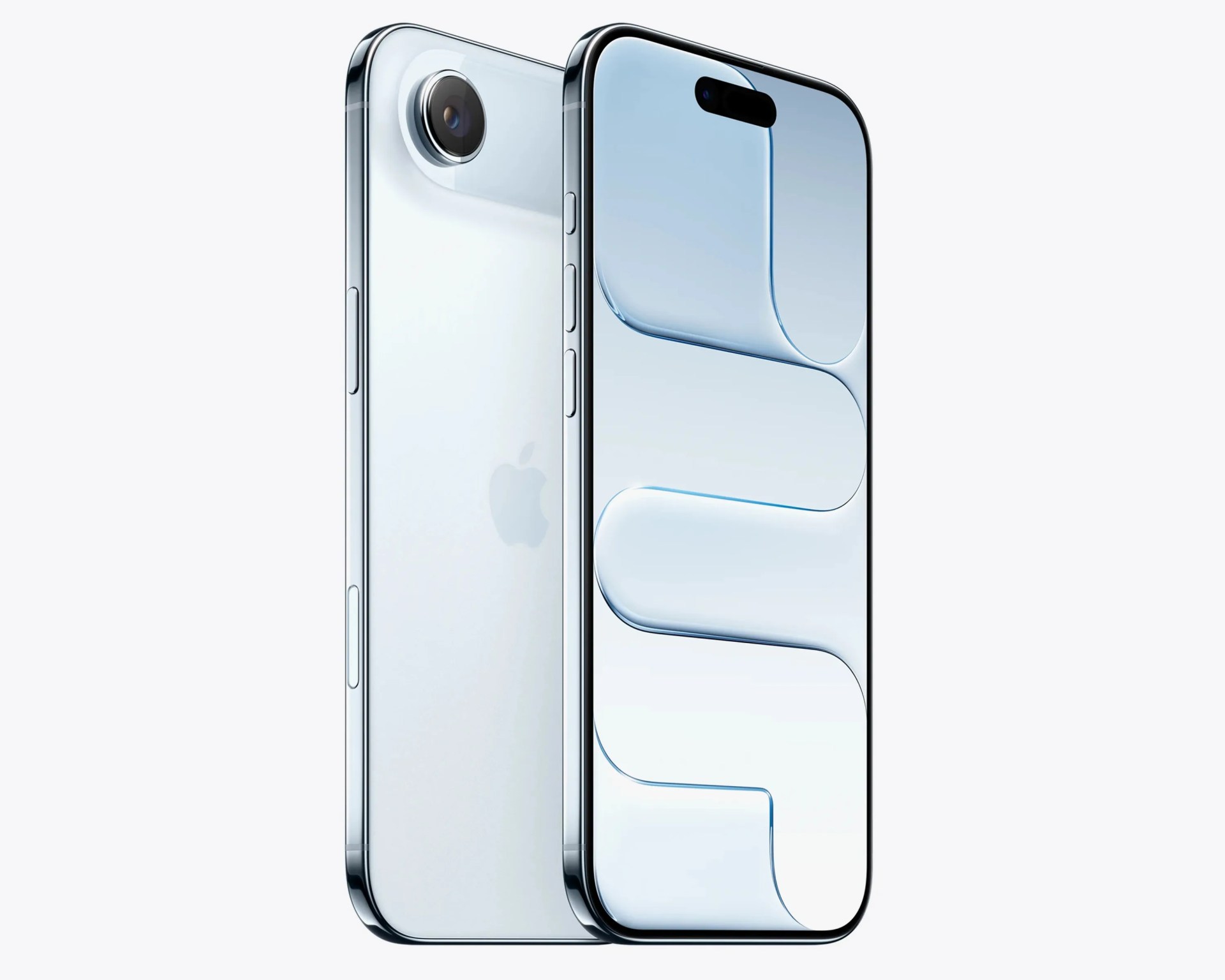 Silver iPhone with a single rear camera and a front screen featuring a pill-shaped cutout at the top.