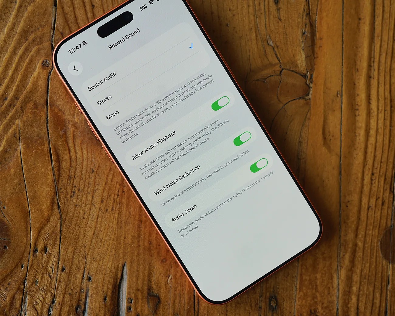 Smartphone displaying audio recording settings with Spatial Audio selected and toggles for Allow Audio Playback, Wind Noise Reduction, and Audio Zoom enabled.