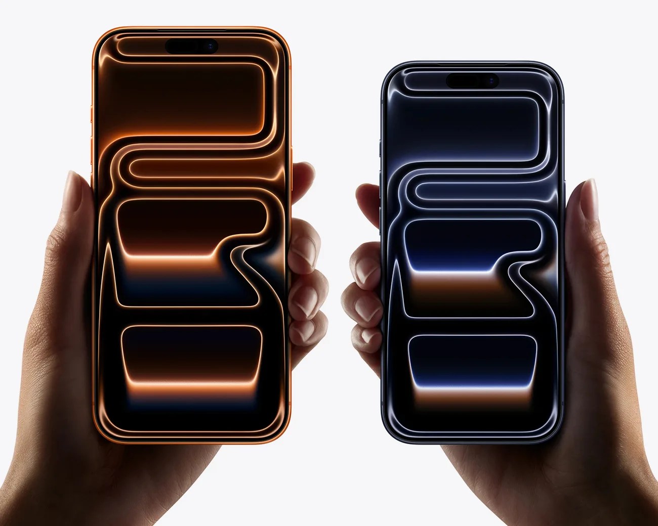 Two hands each holding a smartphone with glowing abstract line patterns on the screens, one in copper and the other in black.