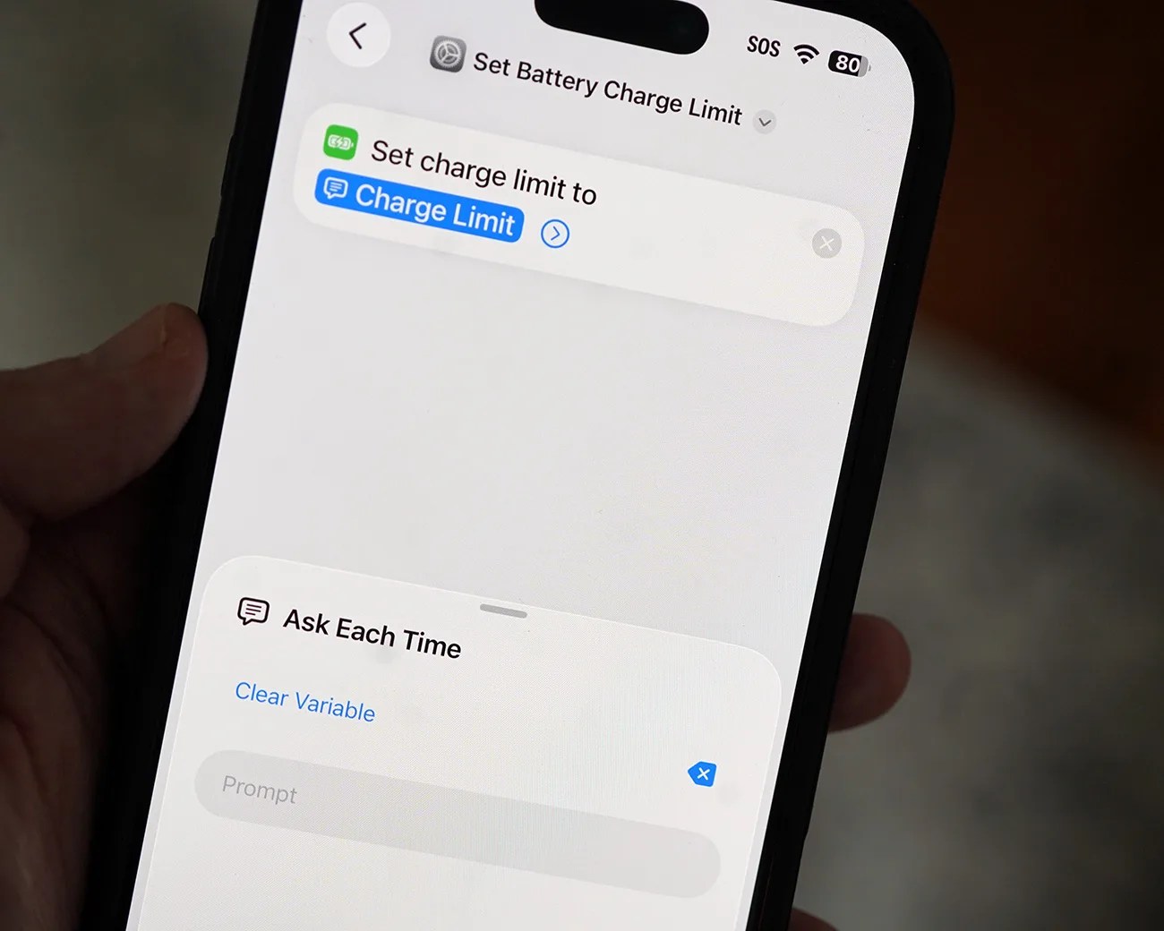 Smartphone screen showing a shortcut setup to set battery charge limit with an option to ask each time.