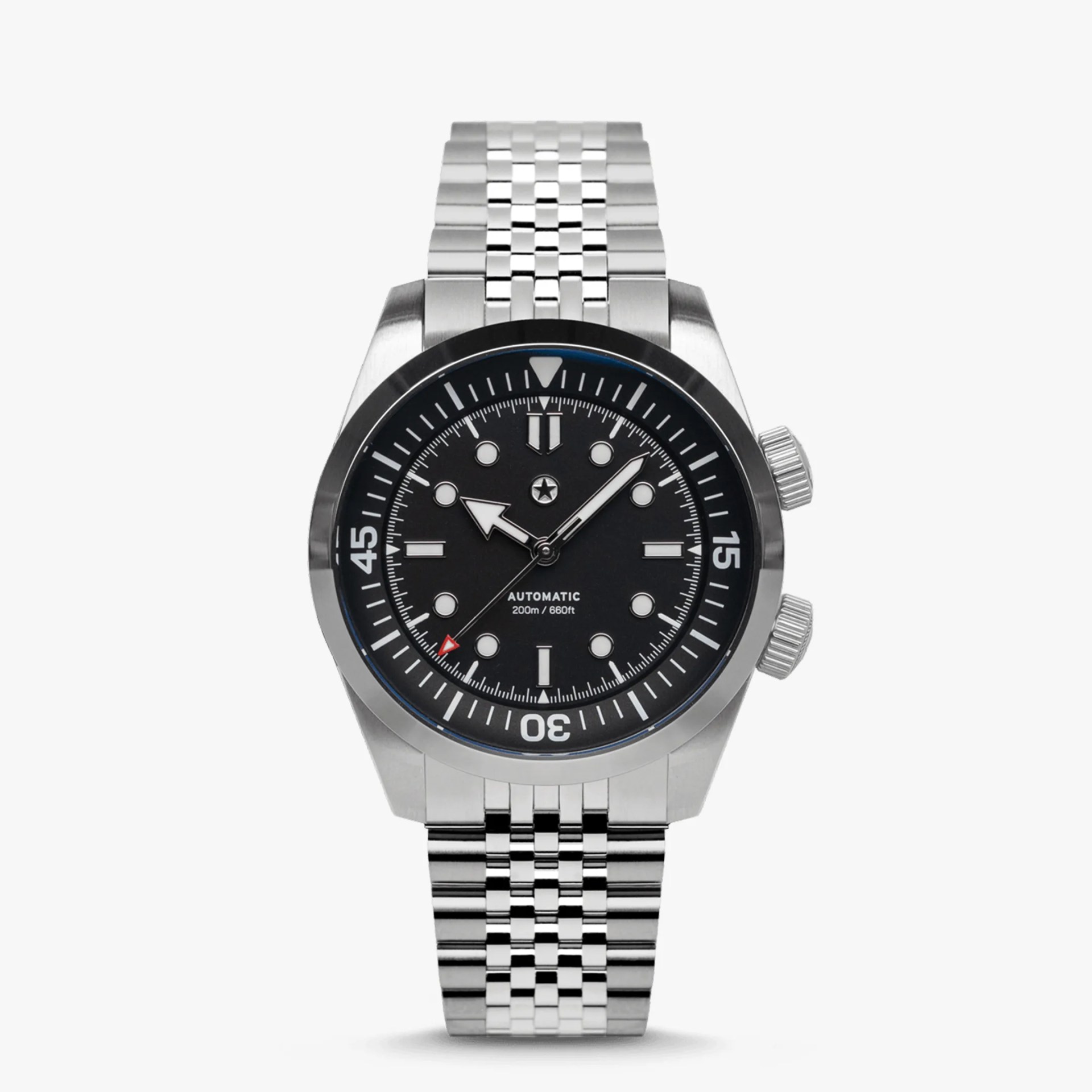 Stainless steel automatic dive watch with black dial, luminous markers, and dual crowns on a metal bracelet.