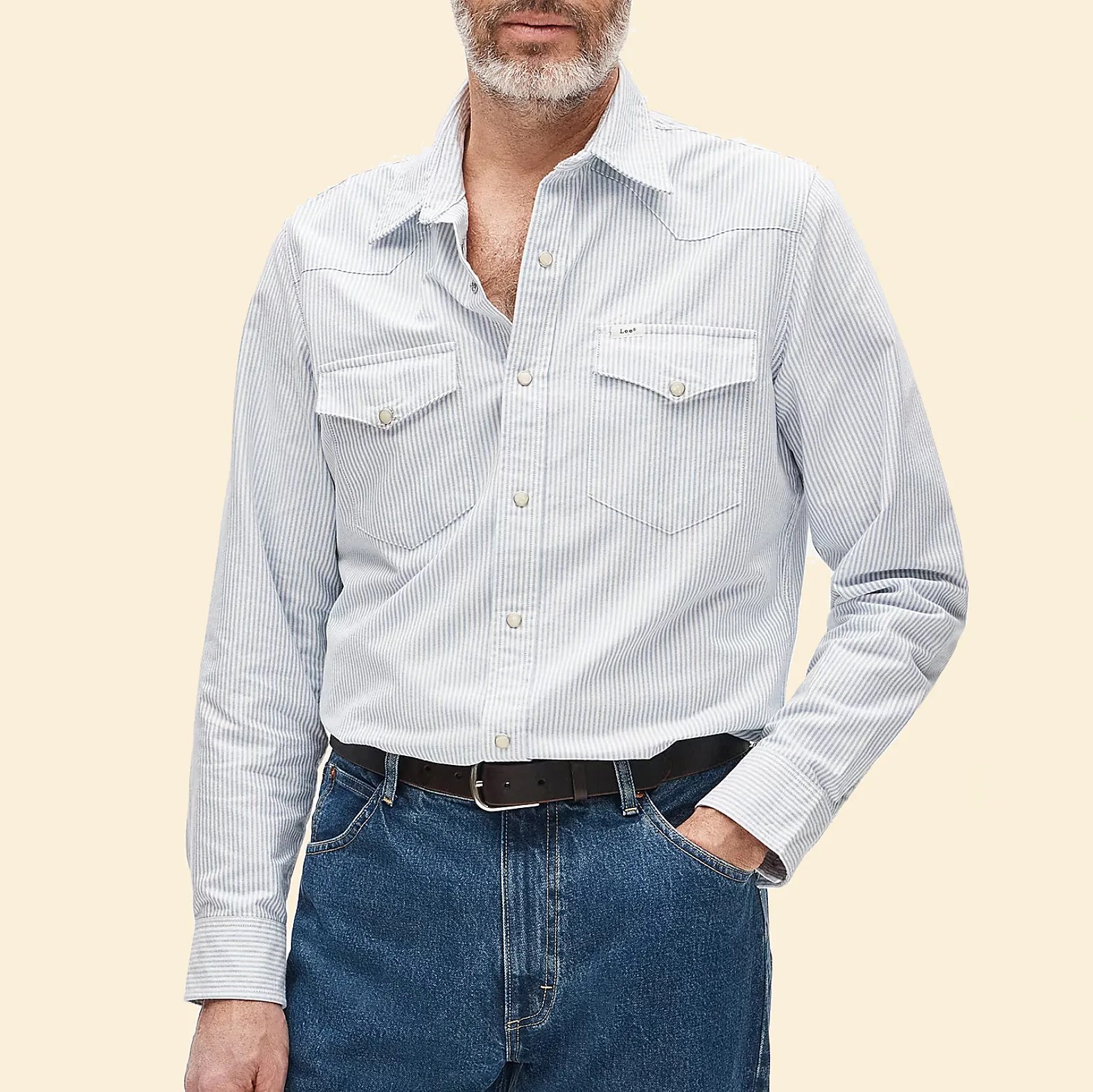 Light blue and white striped long-sleeve button-up shirt with chest pockets worn tucked into blue jeans.