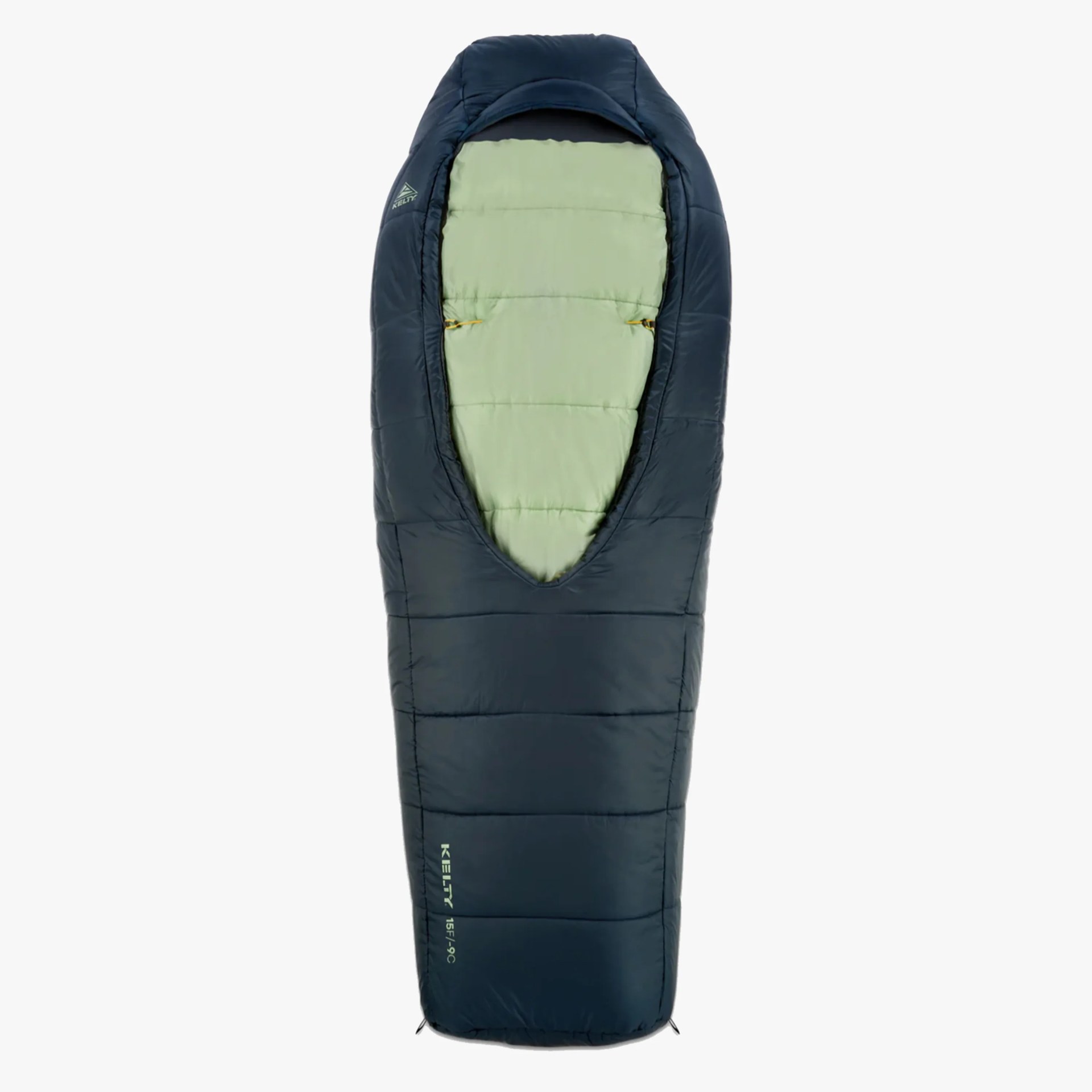 Navy blue and light green mummy-style sleeping bag with Kelty logo and temperature rating.