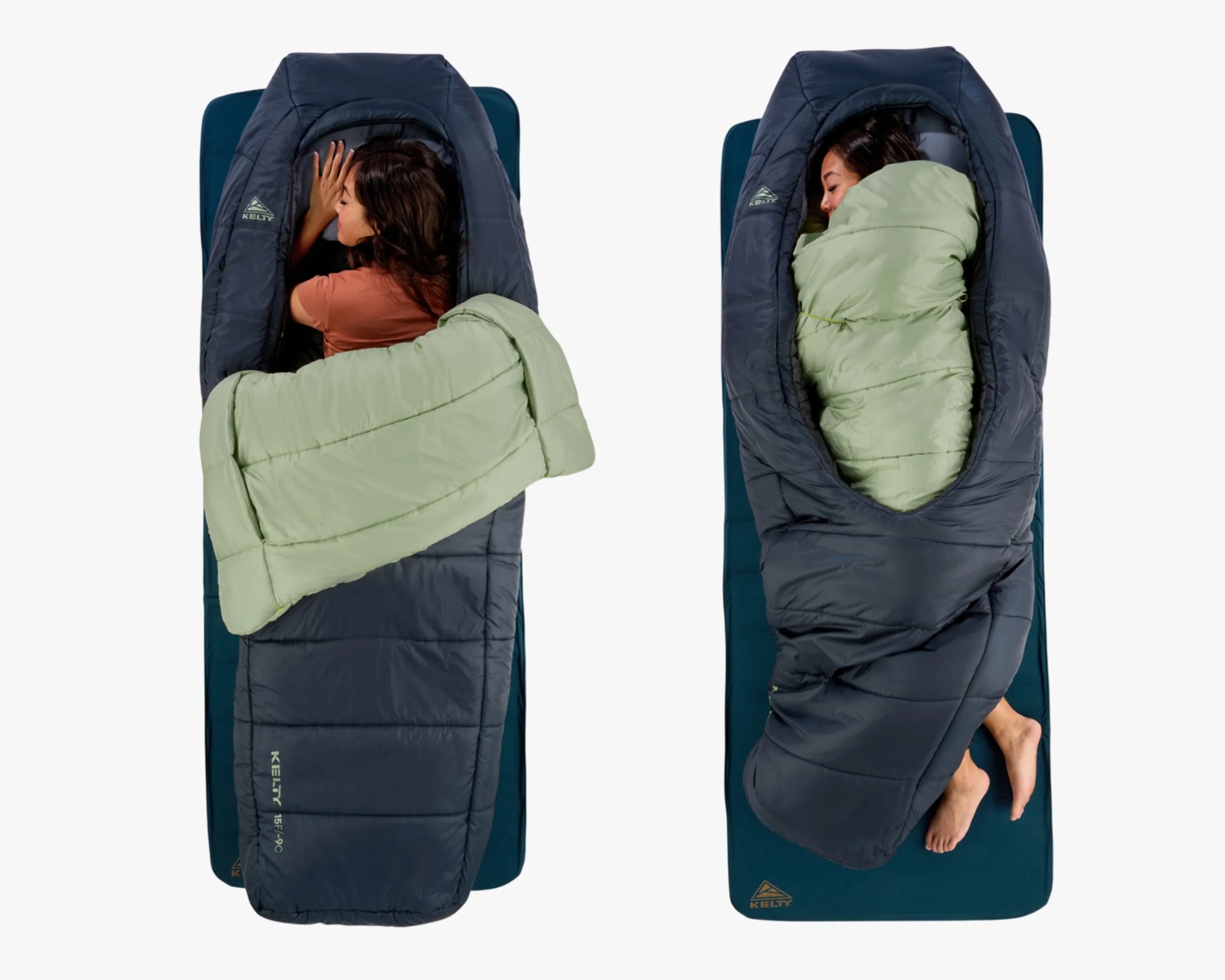 Two views of a person lying in a navy blue Kelty sleeping bag with a light green interior on a blue Kelty sleeping pad.