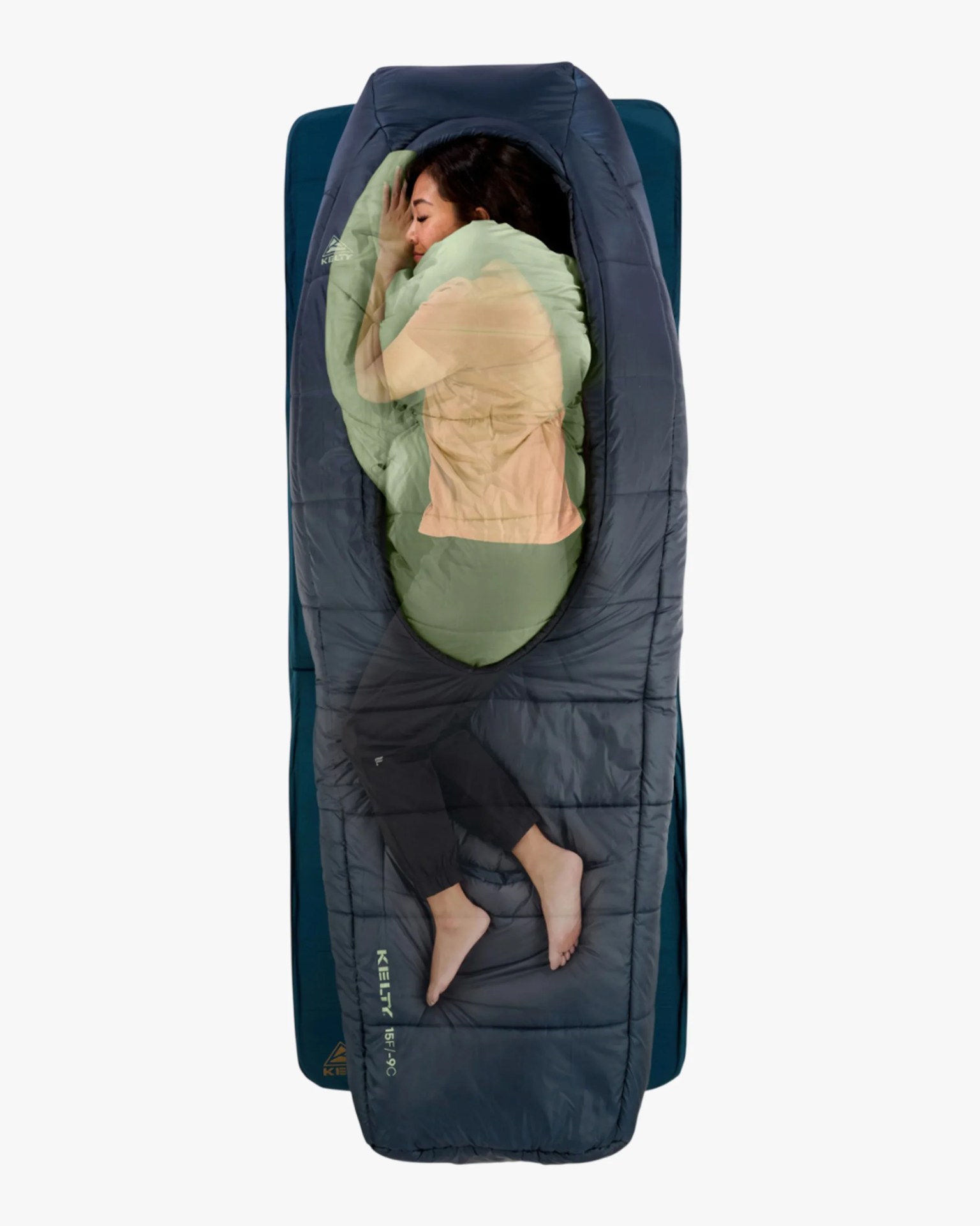 Blue Kelty sleeping bag with a person lying inside on a blue sleeping pad.