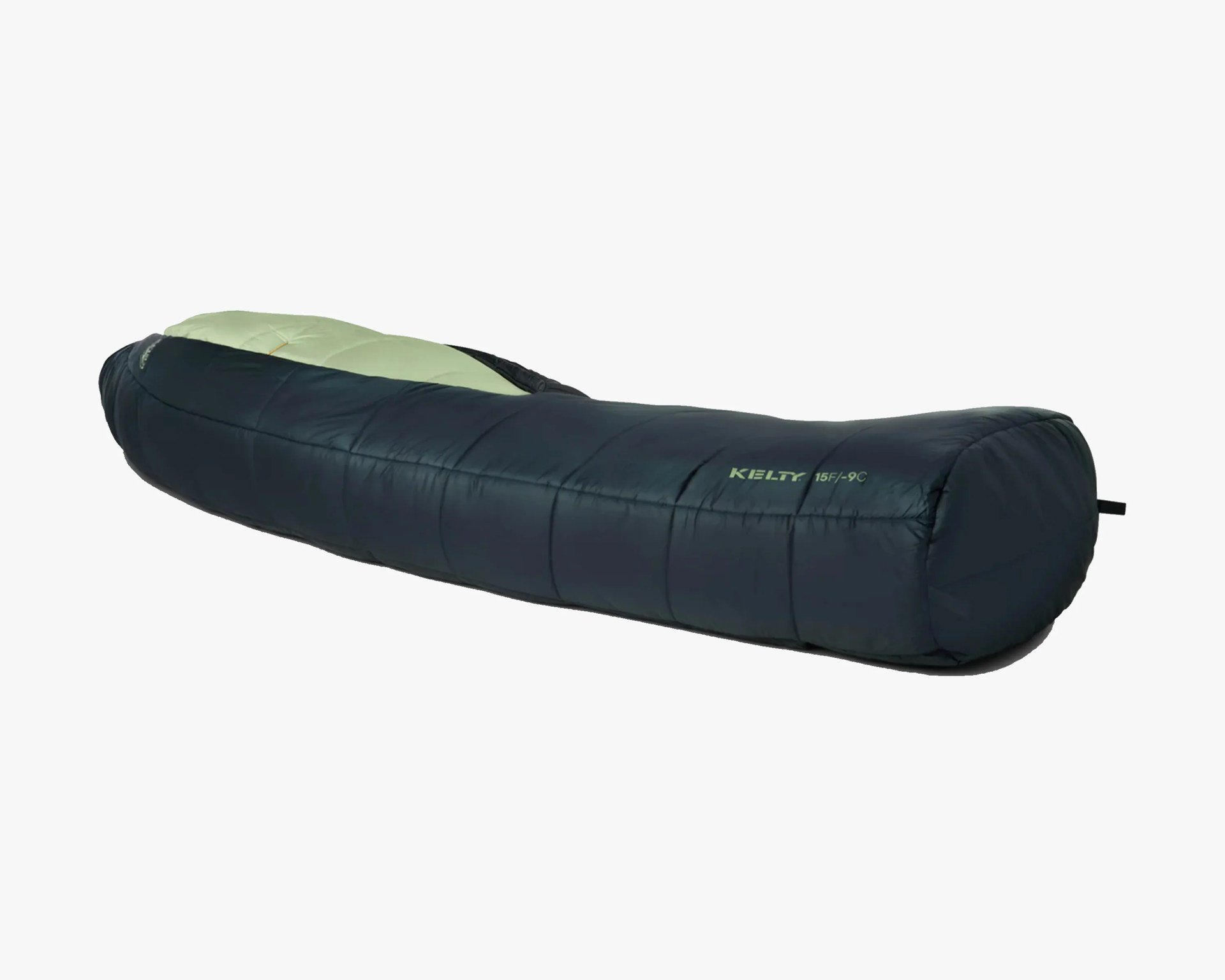 Black and olive green Kelty mummy sleeping bag with temperature rating 15F/-9C.