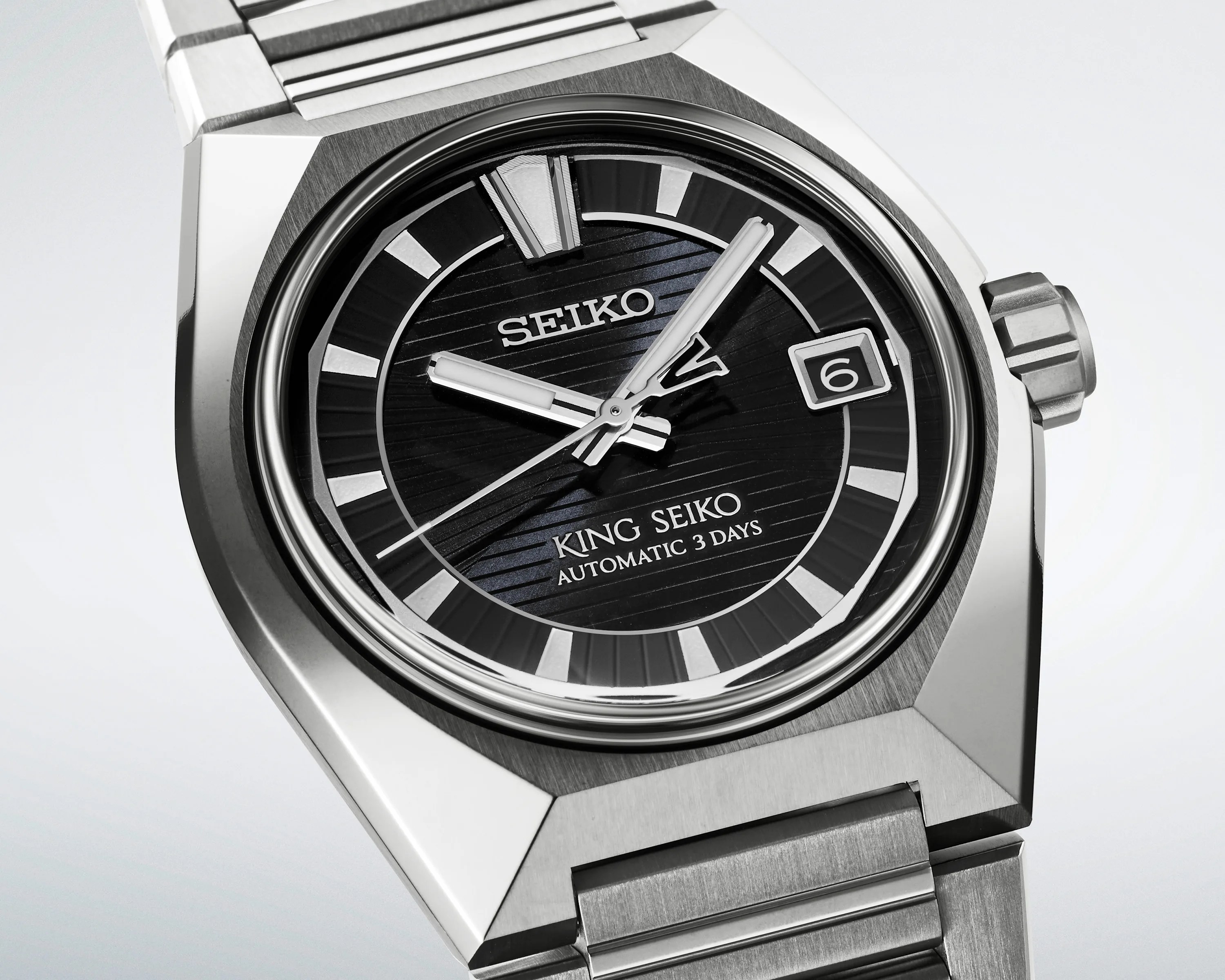 Stainless steel King Seiko wristwatch with black dial, silver hour markers, and date window at 3 o'clock.