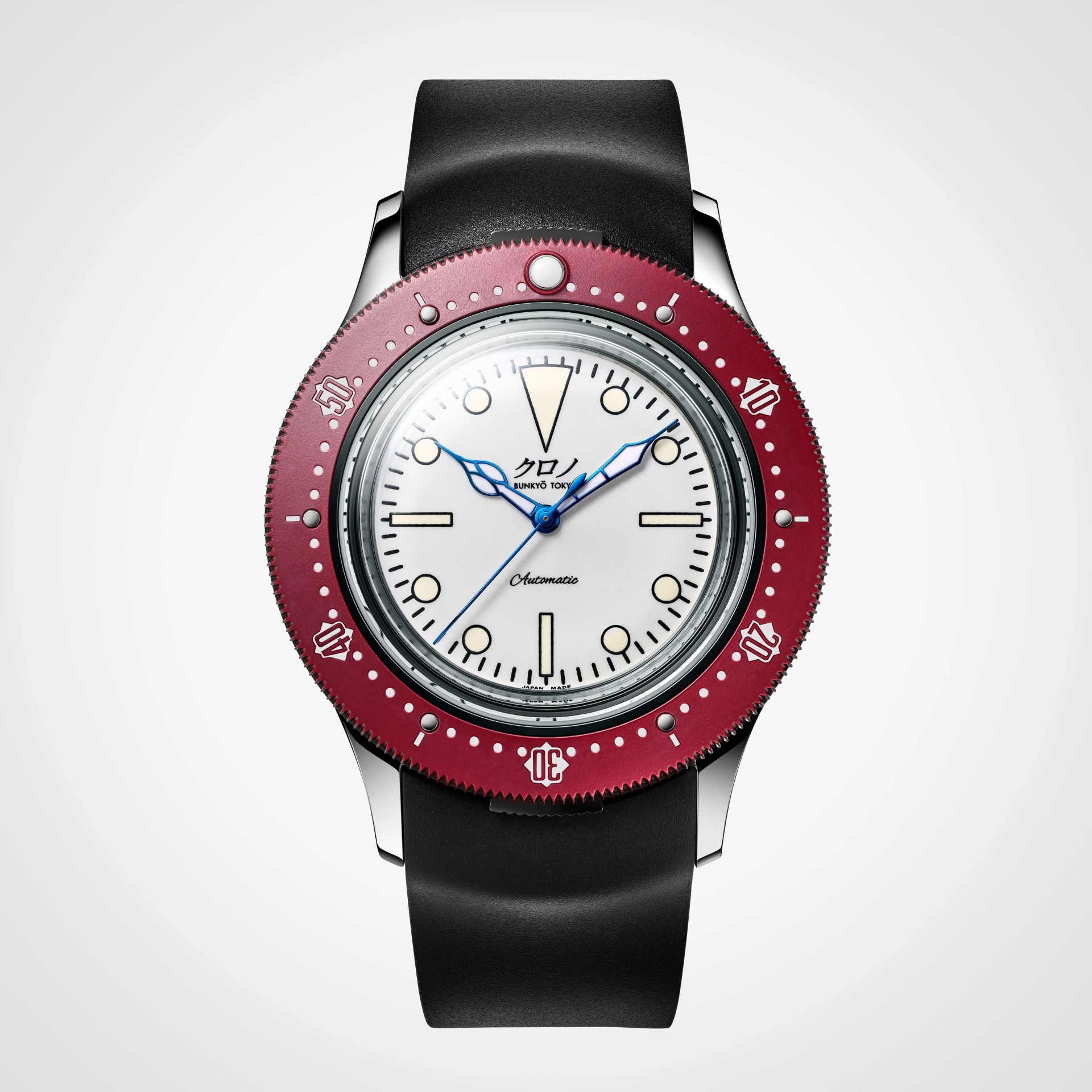 Silver wristwatch with white dial, blue hands, red bezel, and black strap on a white background.