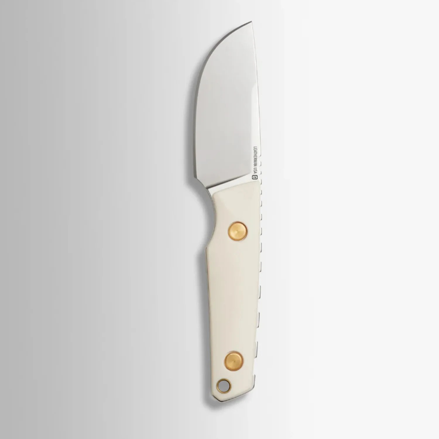 Folding knife with a white handle and brass rivets, featuring a broad stainless steel blade.