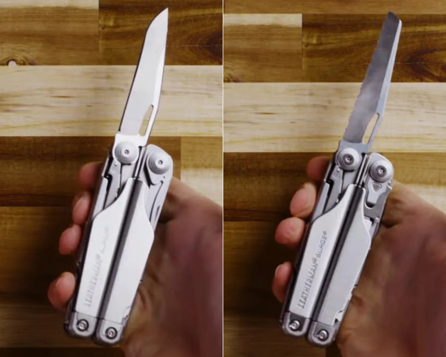 Two side-by-side images of a hand holding a silver Leatherman Surge multitool with a partially serrated blade extended on the right and a plain edge blade extended on the left.