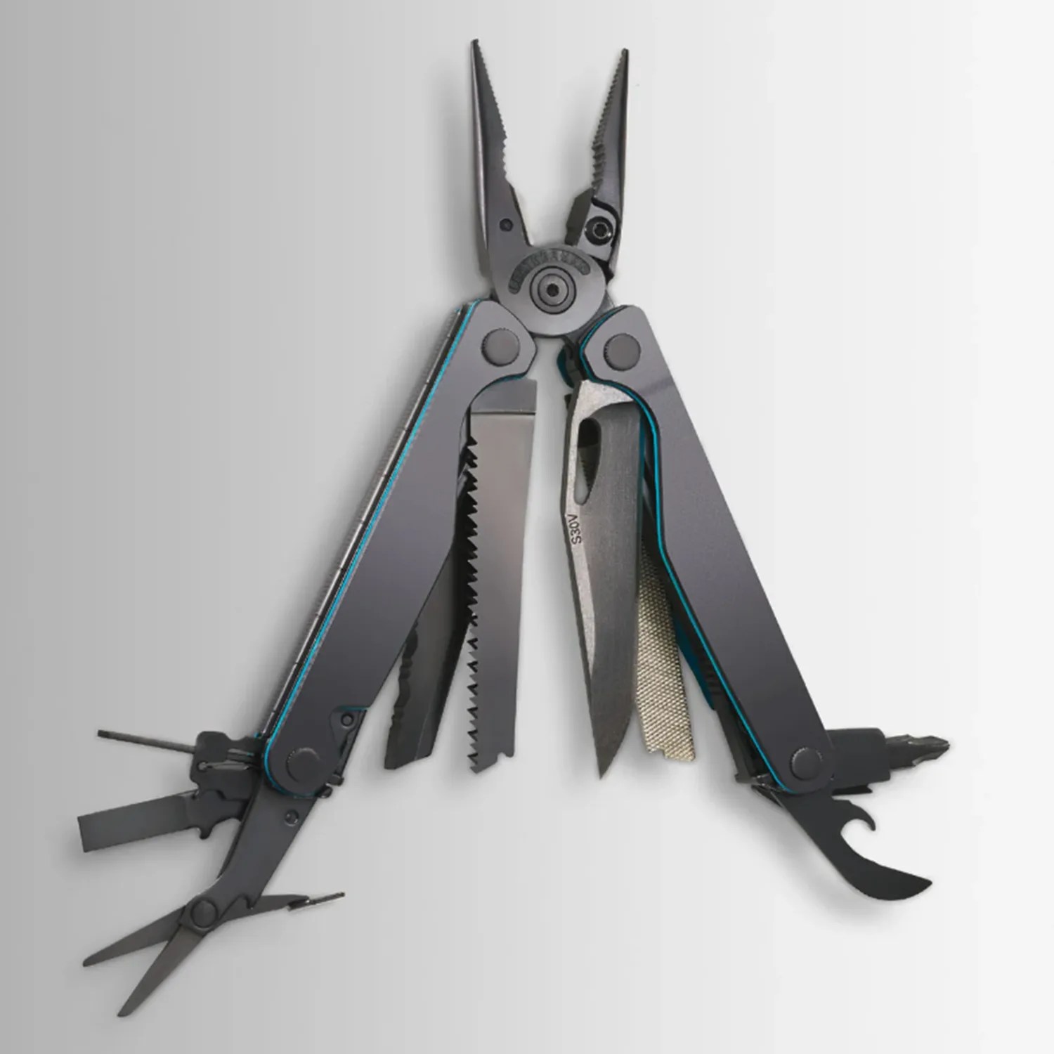 Black multi-tool with pliers, saw blade, knife, file, scissors, and various screwdriver bits opened on a white surface.