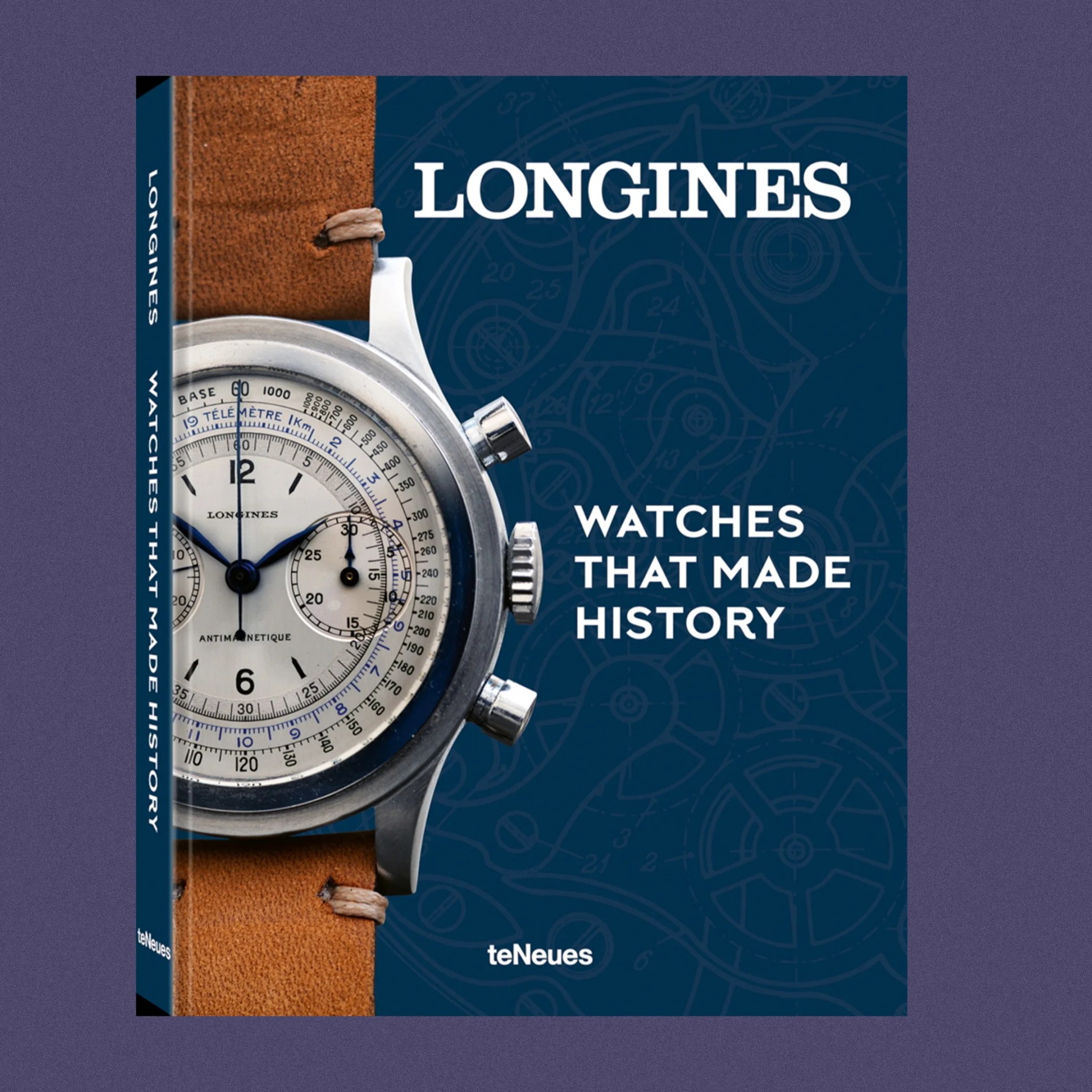 Book cover featuring a close-up of a vintage Longines watch with a brown leather strap on a blue background with watch mechanism sketches.