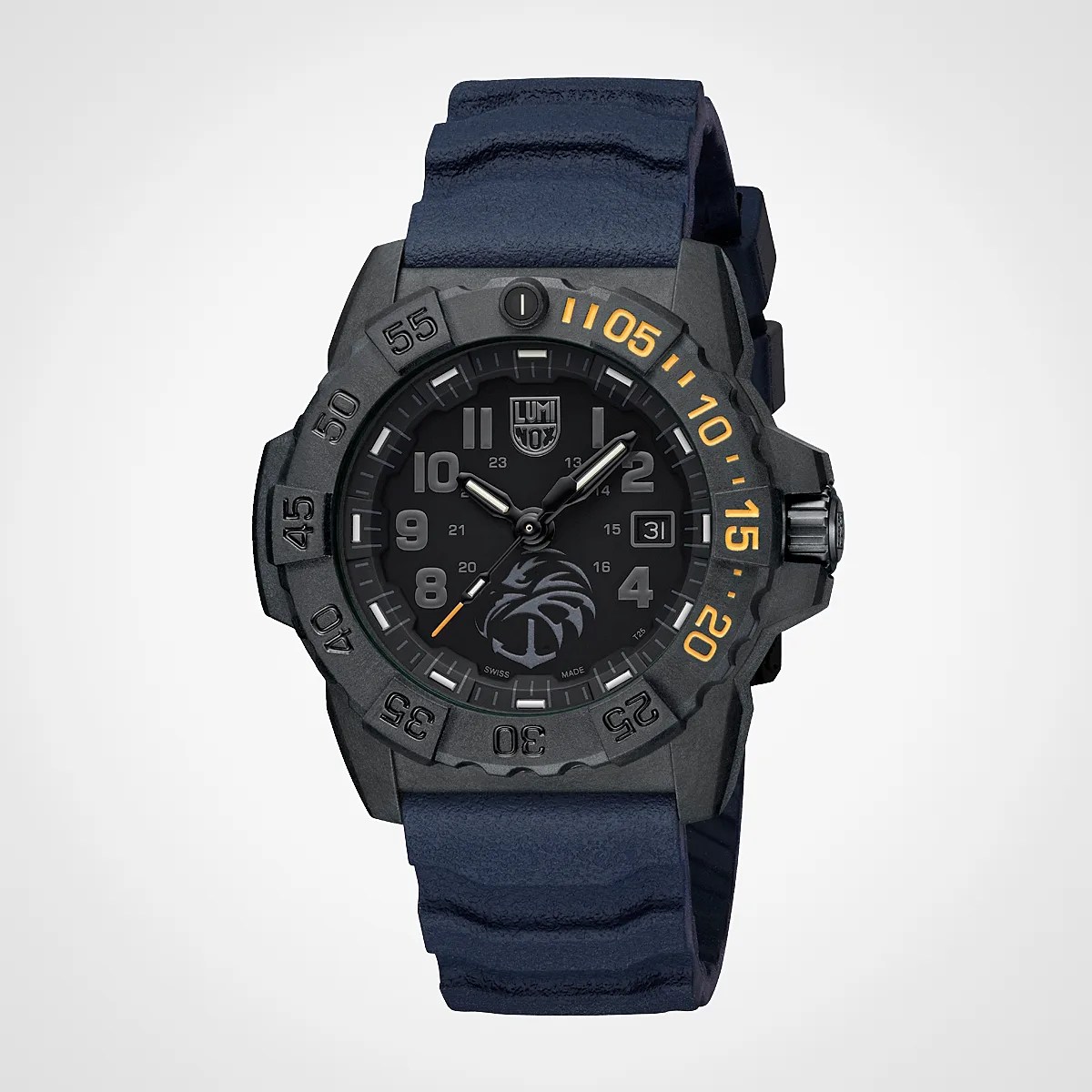 Black Luminox wristwatch with textured blue strap and orange minute markers on the bezel.