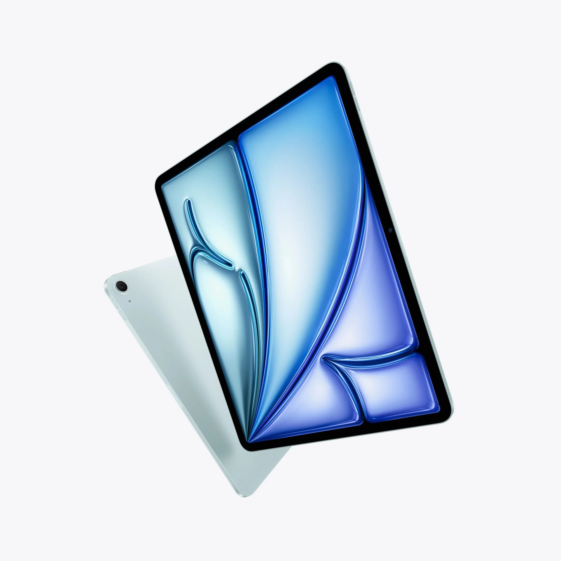 Silver tablet with a blue abstract wallpaper displayed on the screen, shown from front and back angles.