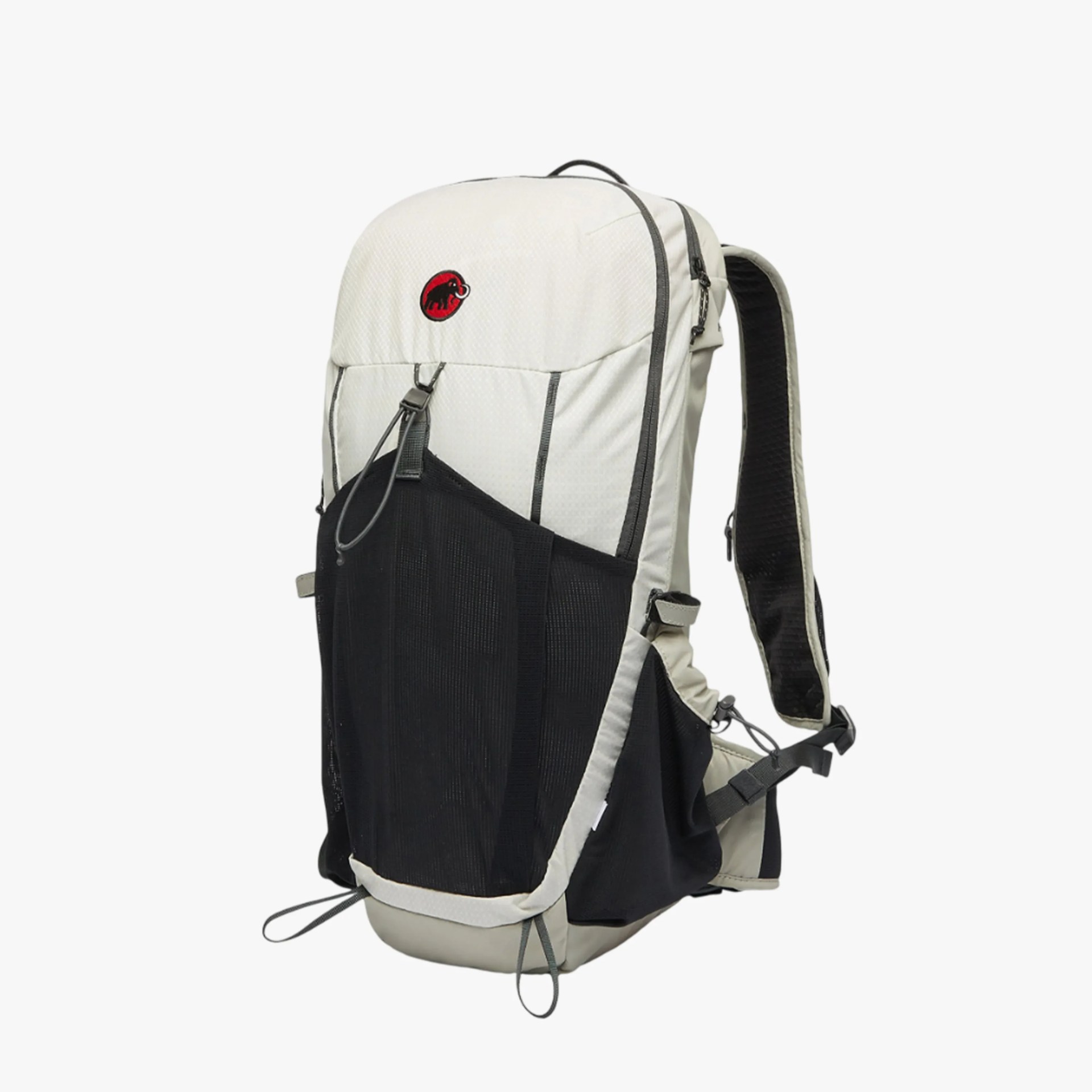 Light gray and black hiking backpack with mesh front pocket and padded shoulder straps.
