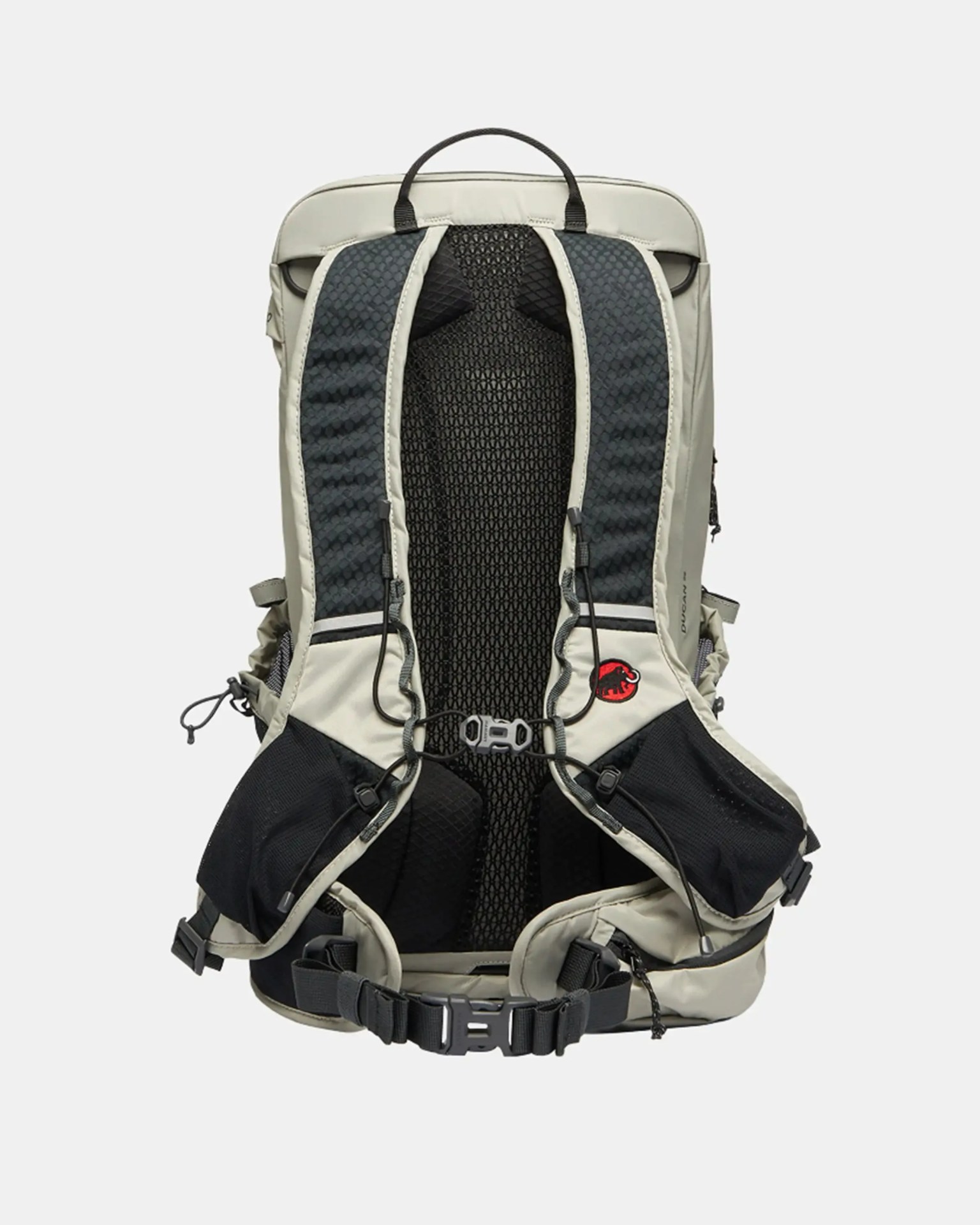 Light gray and black backpack with padded mesh back panel, adjustable straps, and red mammoth logo on strap.