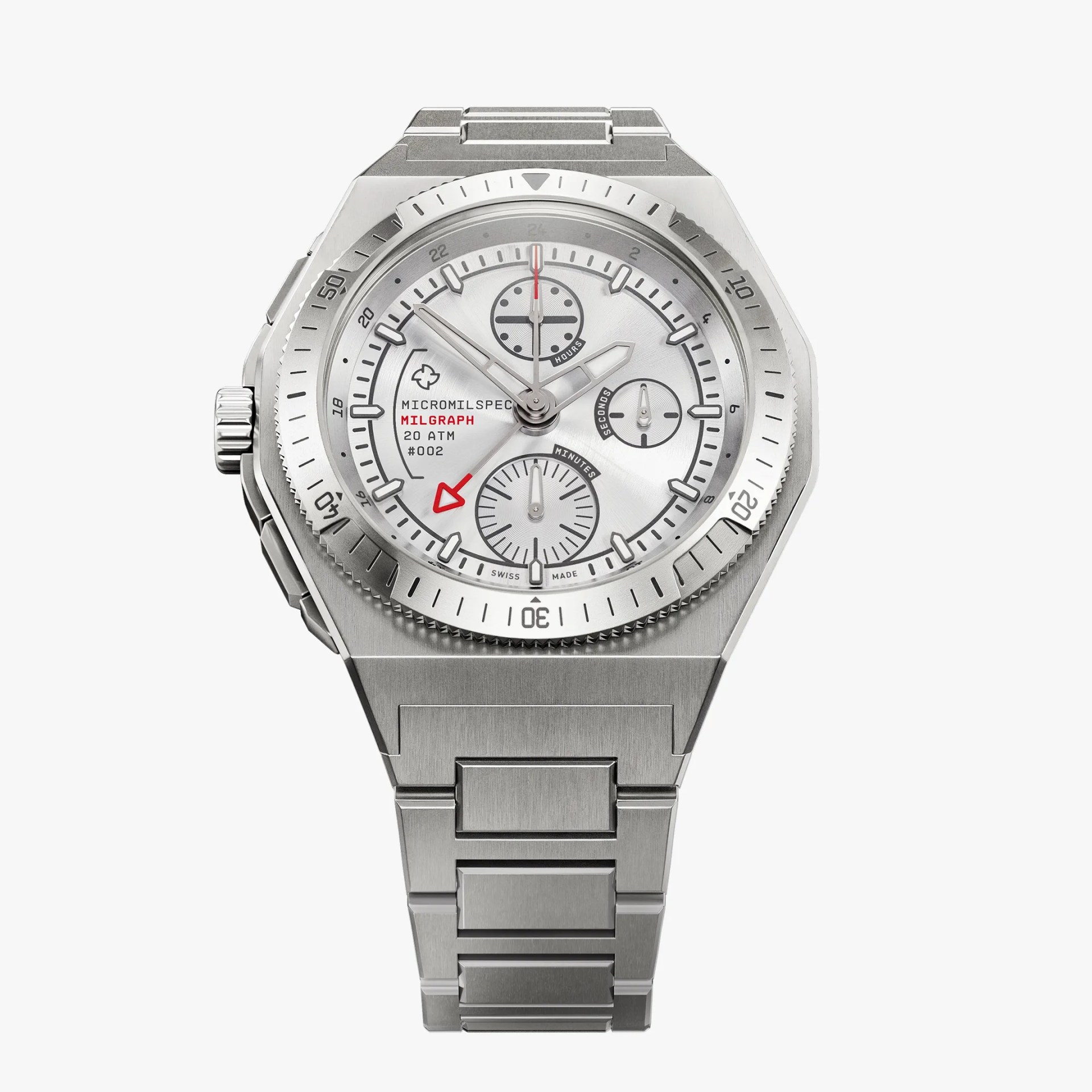 Silver titanium wristwatch with a white dial, three subdials, and a red arrow indicator on the face.