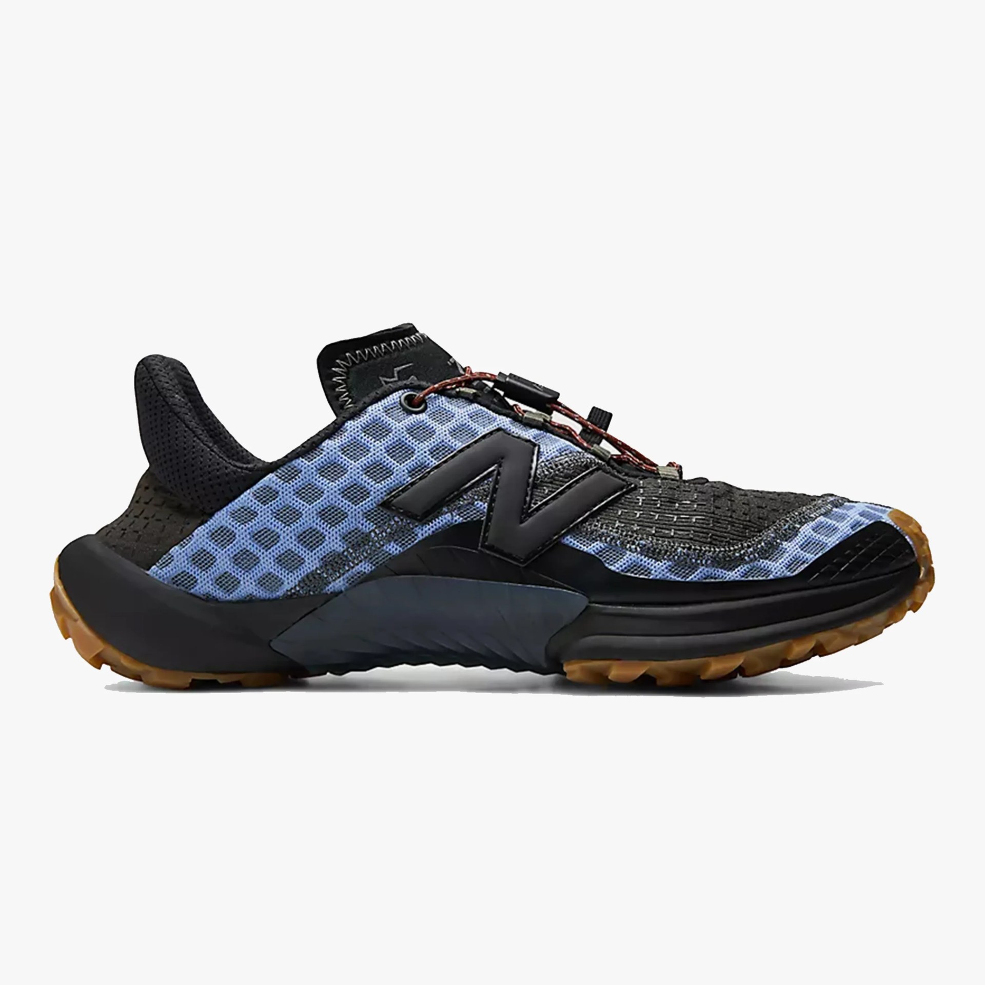Black and blue New Balance sneaker with a textured mesh upper and gum rubber sole.