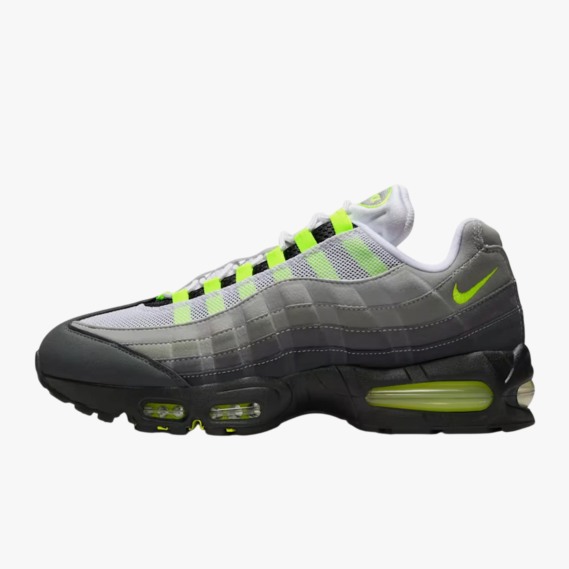 Gray and black Nike Air Max 95 sneaker with neon green accents and visible air cushioning.