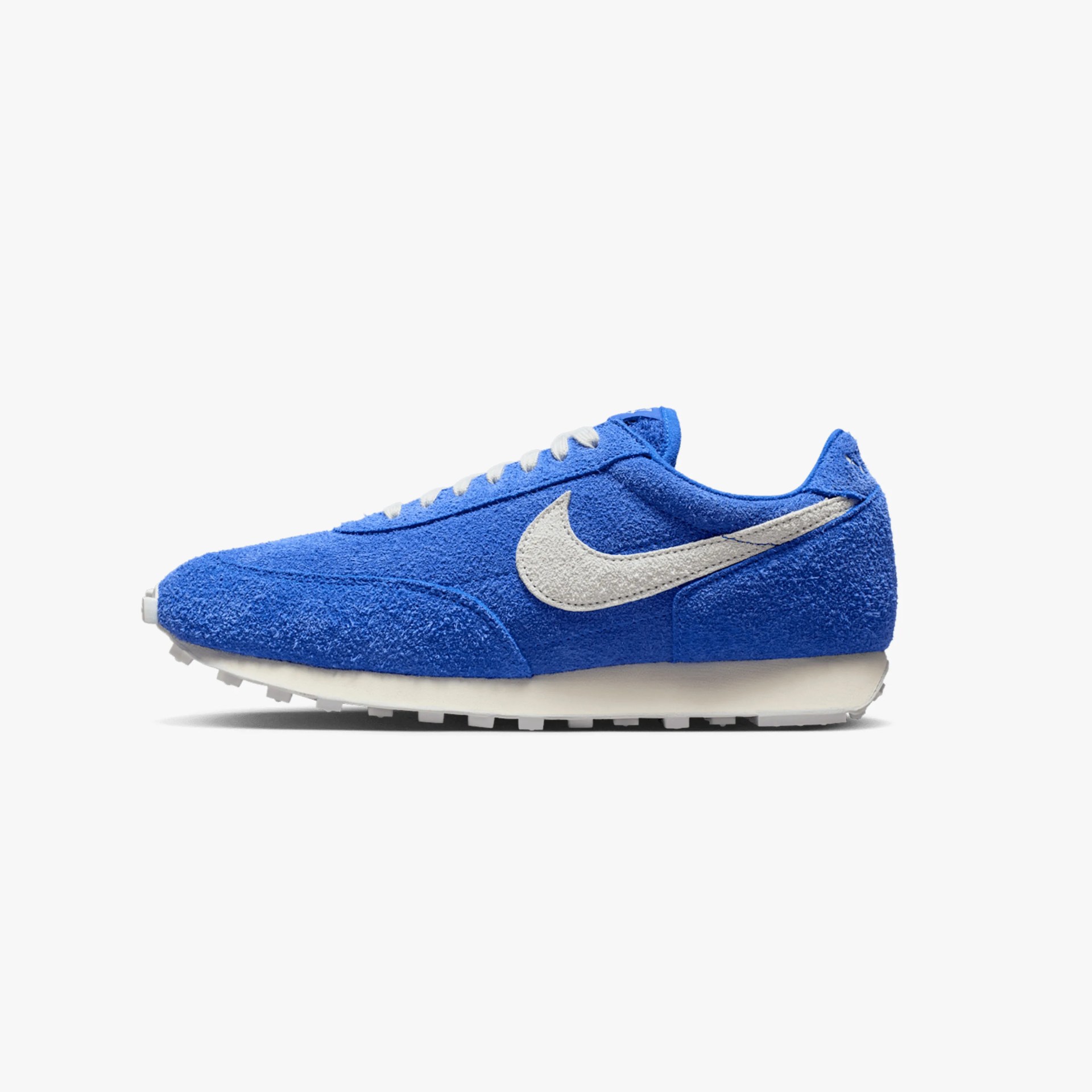 Blue textured Nike sneaker with white swoosh logo and white sole, side view.