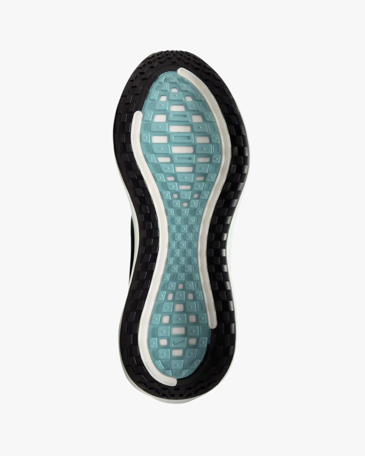 Sole of a running shoe with black outer tread and light blue patterned grip in the center.