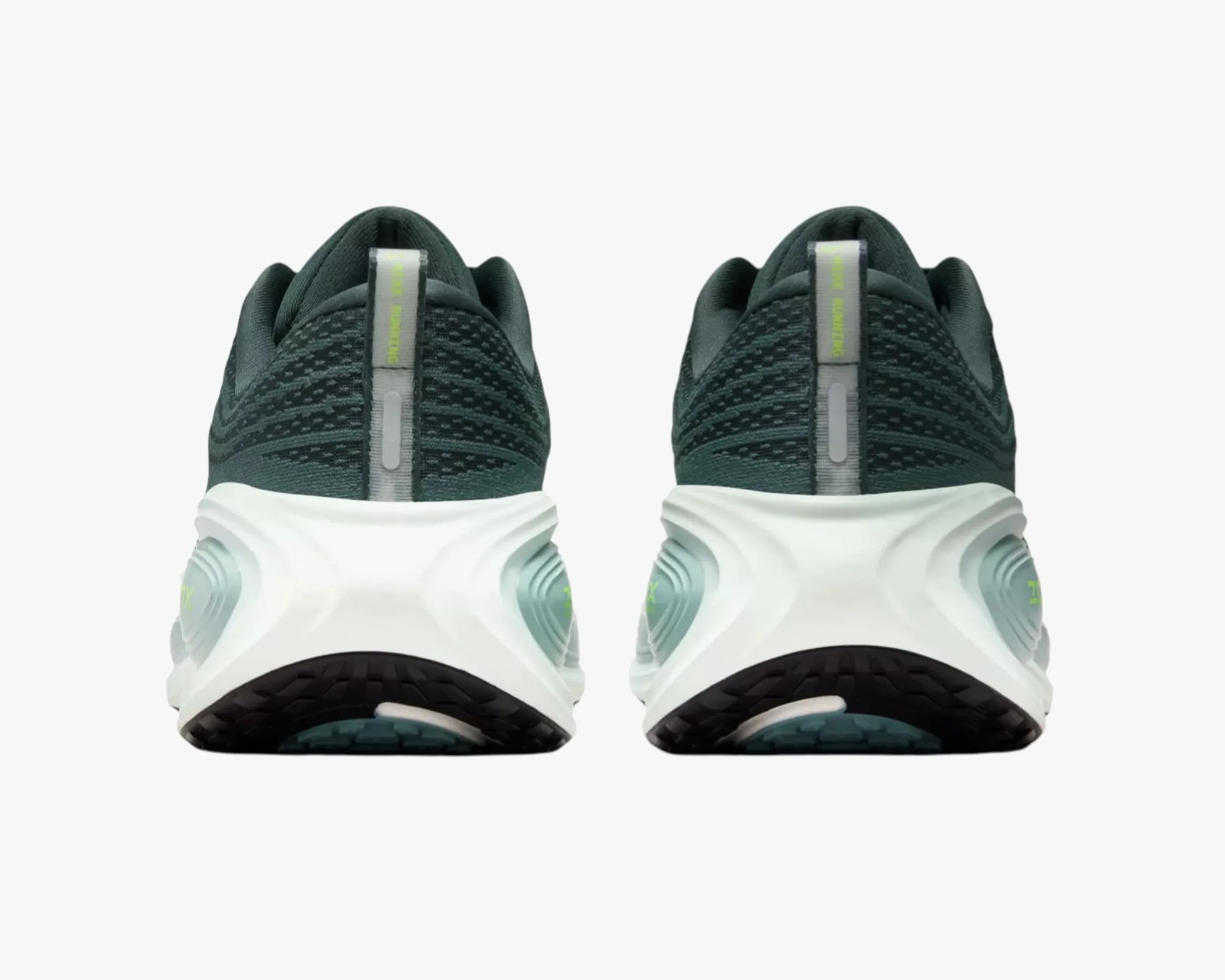 Pair of dark green running shoes with white cushioned soles shown from the back.
