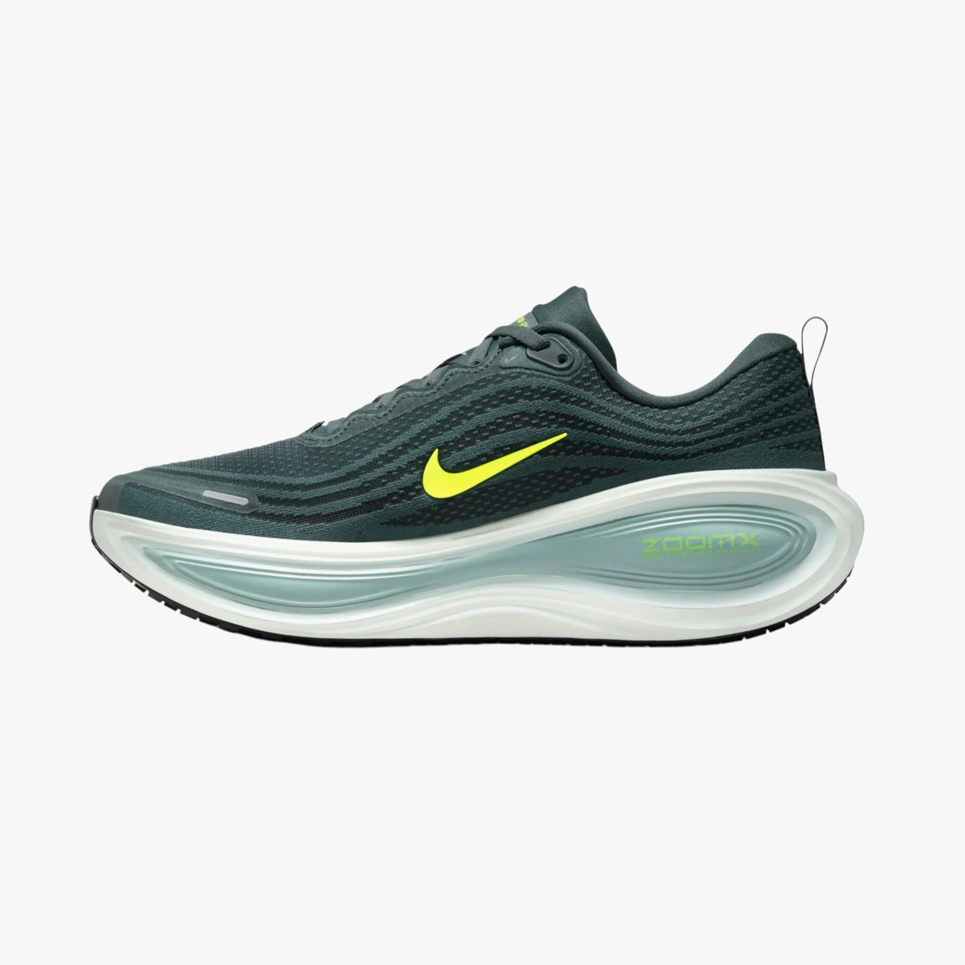 Dark green Nike running shoe with neon yellow swoosh and thick white ZoomX sole.
