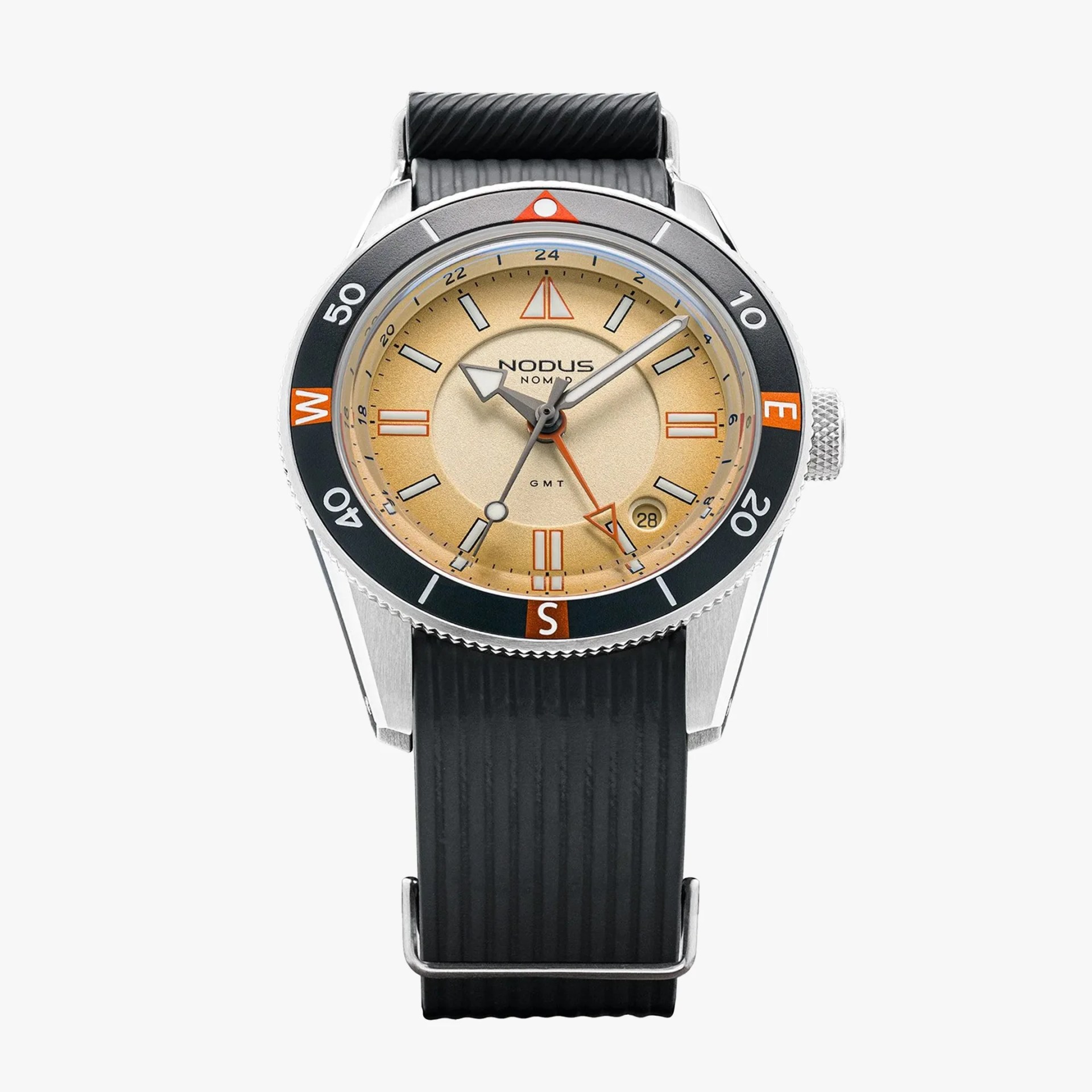 Silver stainless steel watch with beige dial, black and orange bezel, and black ribbed rubber strap.