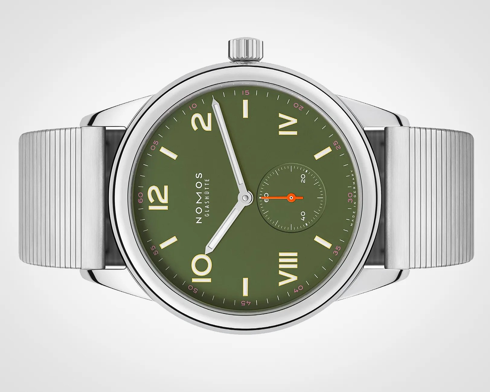 Silver wristwatch with olive green dial, yellow hour markers, and a ribbed metal strap.