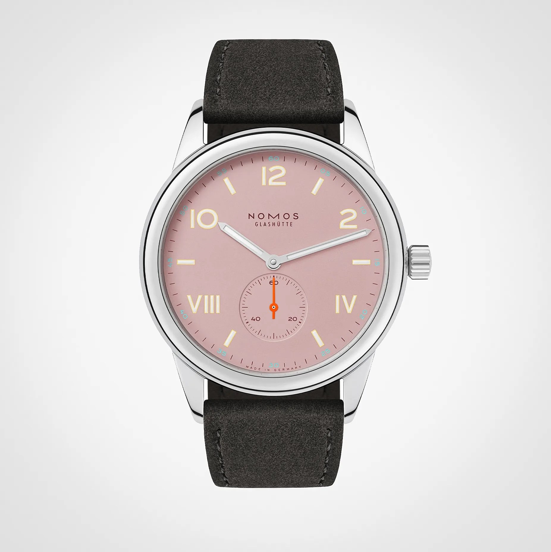 Silver wristwatch with a pink dial, cream hour markers, orange second hand, and black leather strap.