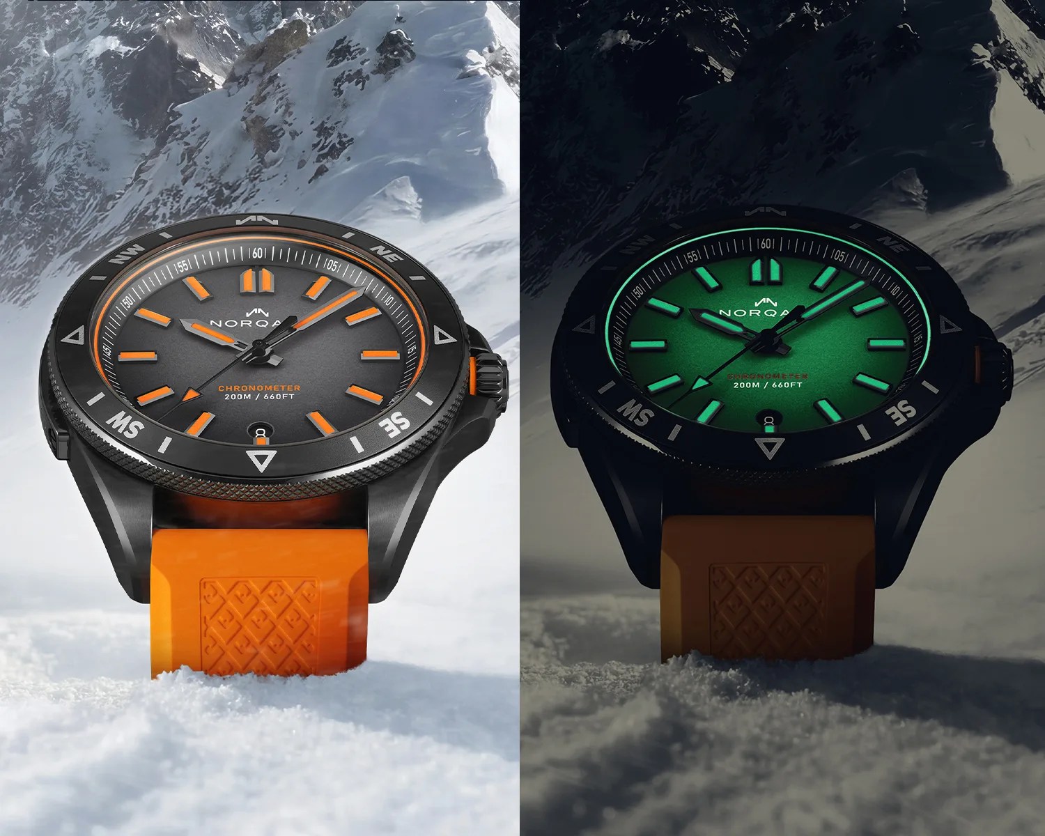 Black Norqain watch with orange markers and strap in snow, shown in daylight and glowing green in darkness.