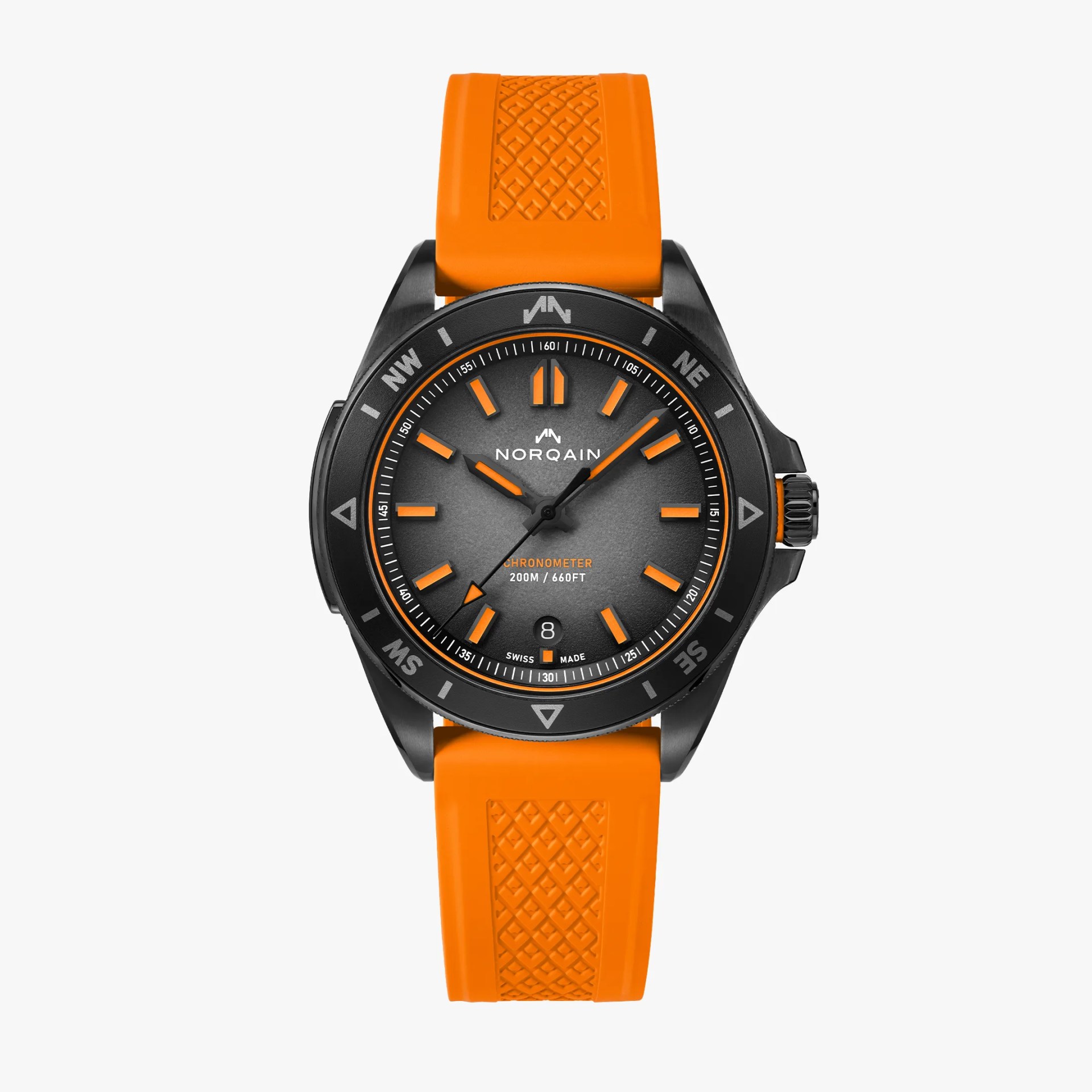 Black Norqain chronometer watch with orange markers and textured orange rubber strap.