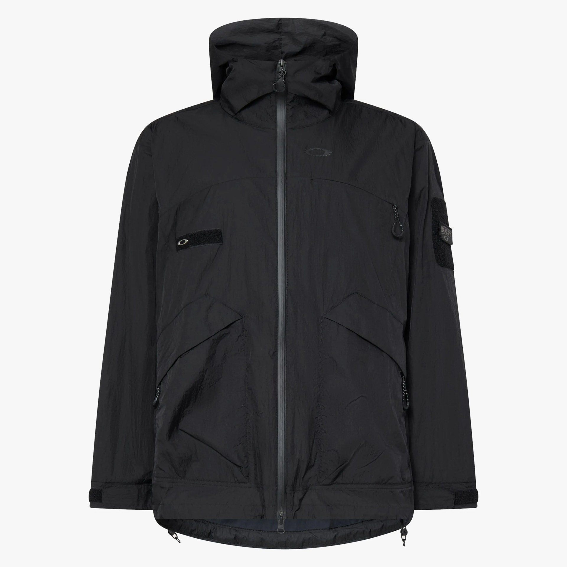 Black lightweight hooded jacket with front zipper and multiple zippered pockets.