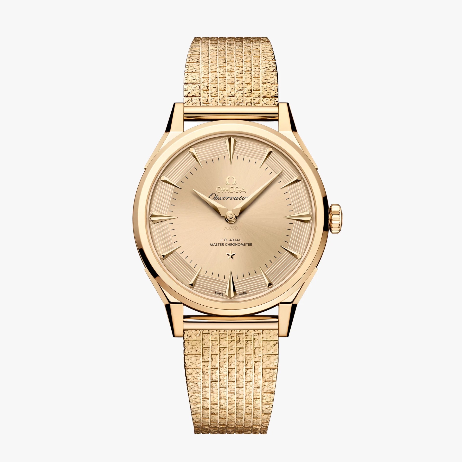 Gold Omega wristwatch with textured gold strap and minimalist dial marked 