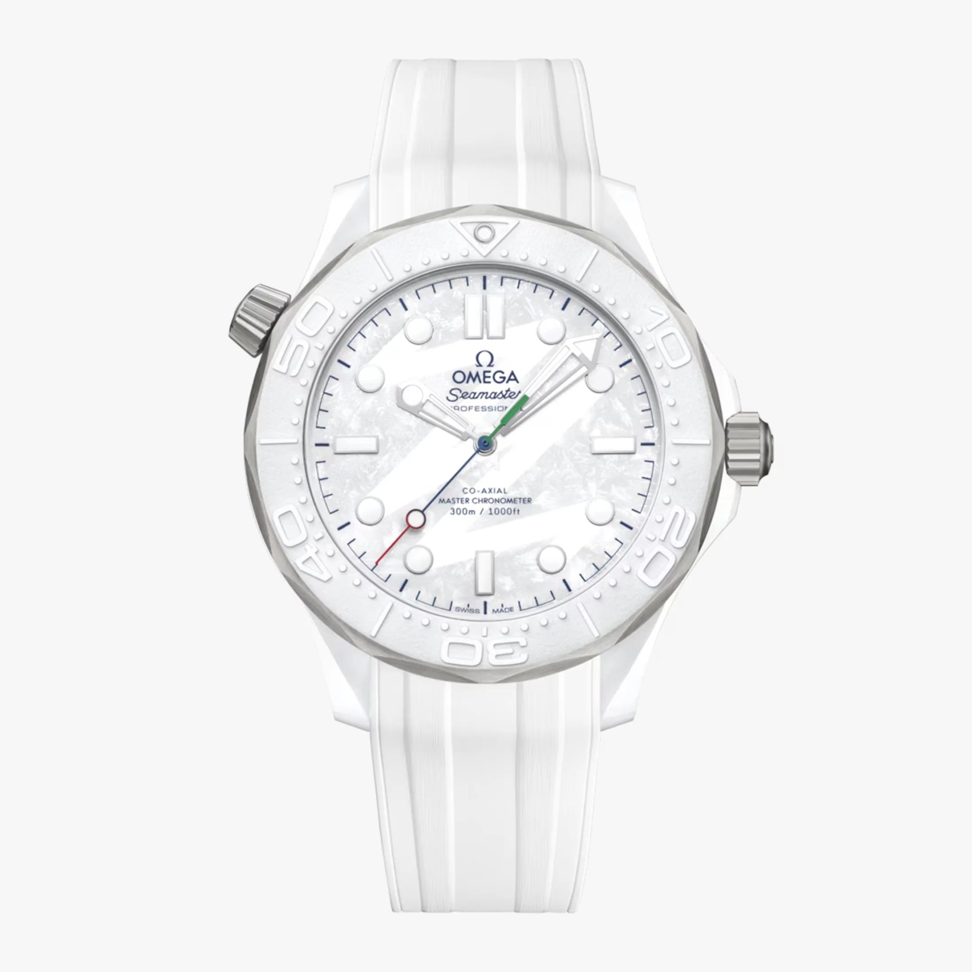 White Omega Seamaster wristwatch with a textured dial, silver bezel, and white rubber strap.
