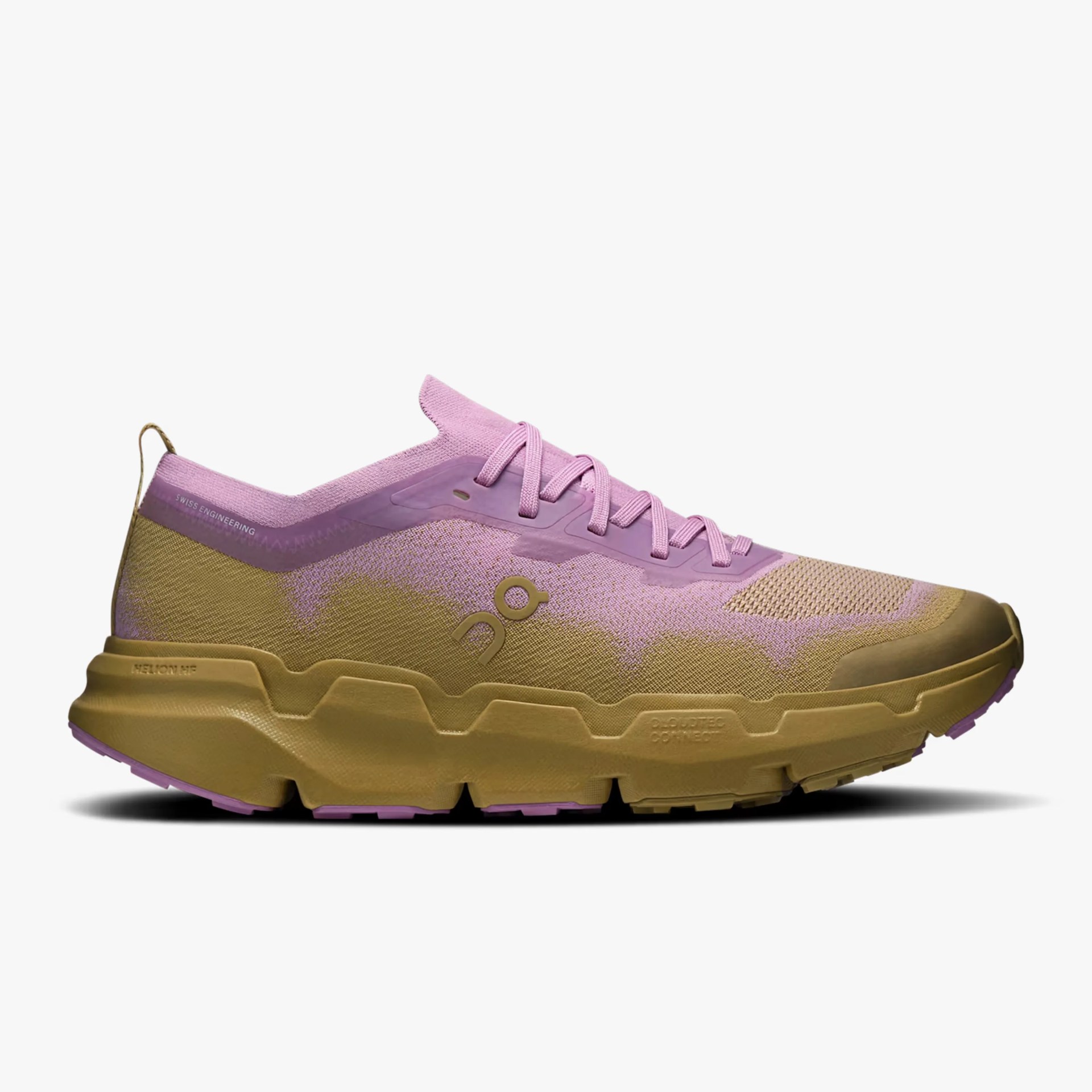 Light purple and olive green athletic shoe with thick segmented sole and lace-up closure.
