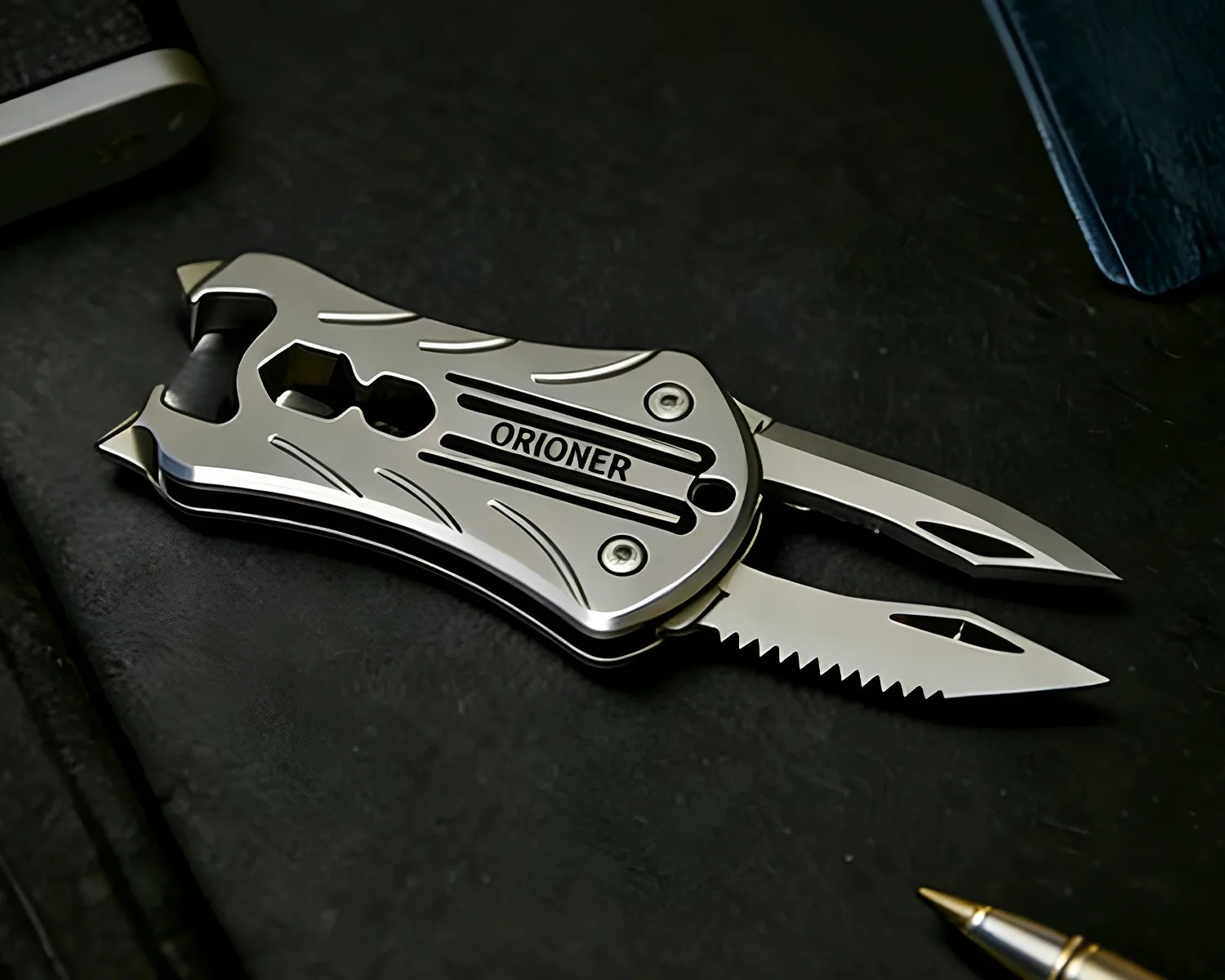 Silver multi-tool pocket knife with two blades extended and "ORIONER" engraved on the handle.