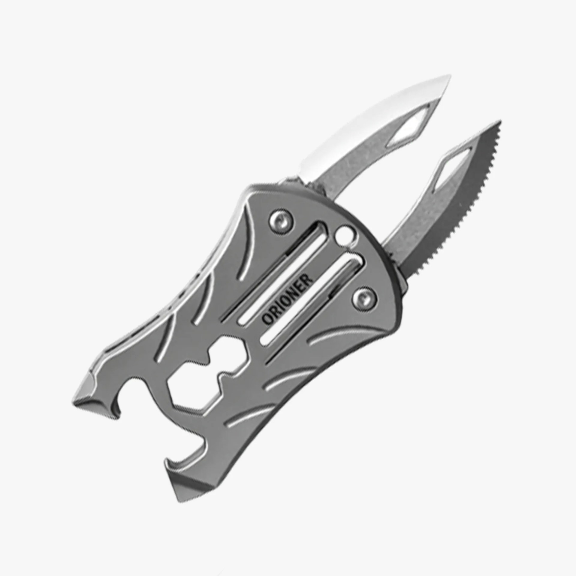 Compact silver multi-tool with two fold-out blades, bottle opener, and hex wrench cutouts.