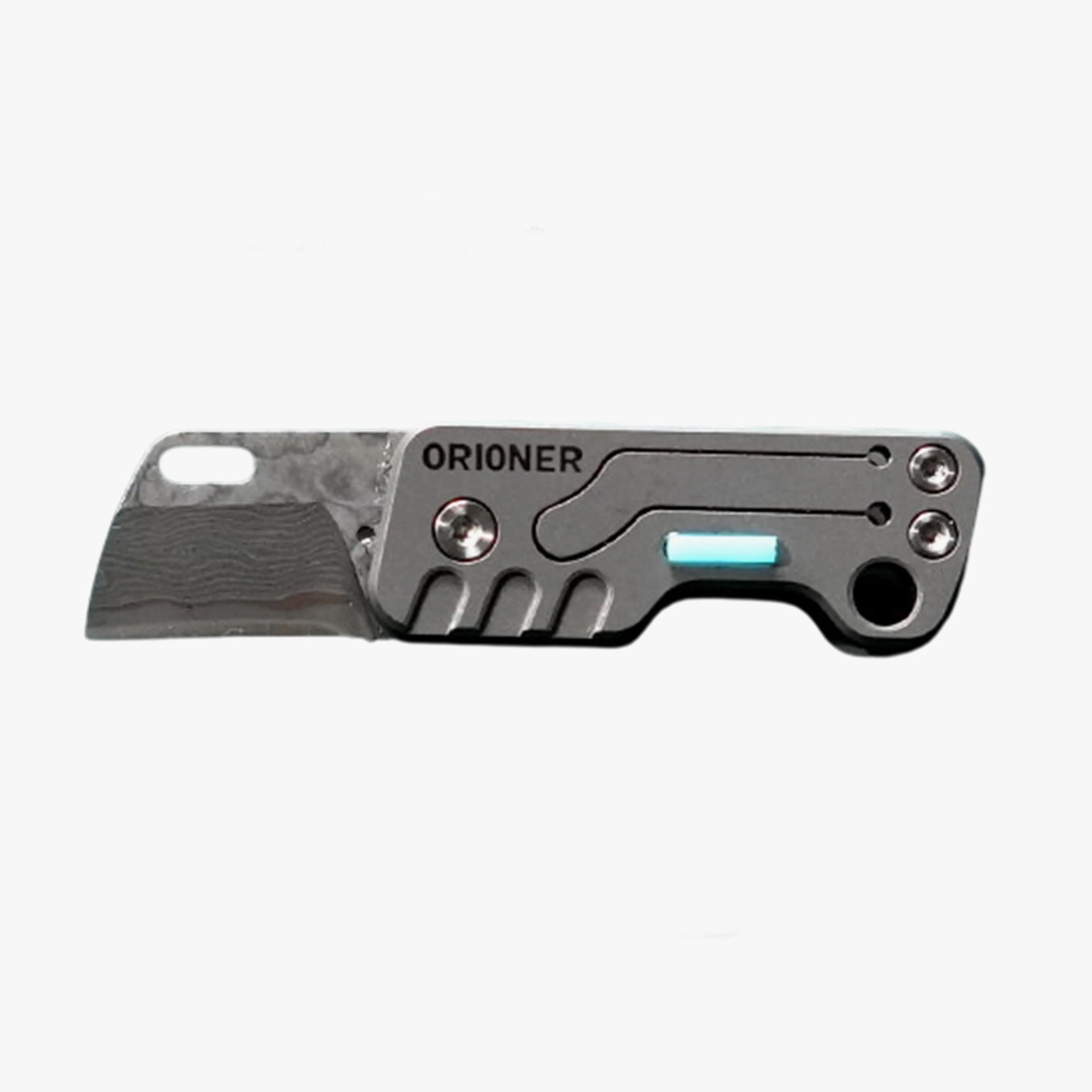 Compact folding knife with a patterned steel blade and gray handle engraved with "ORIONER.